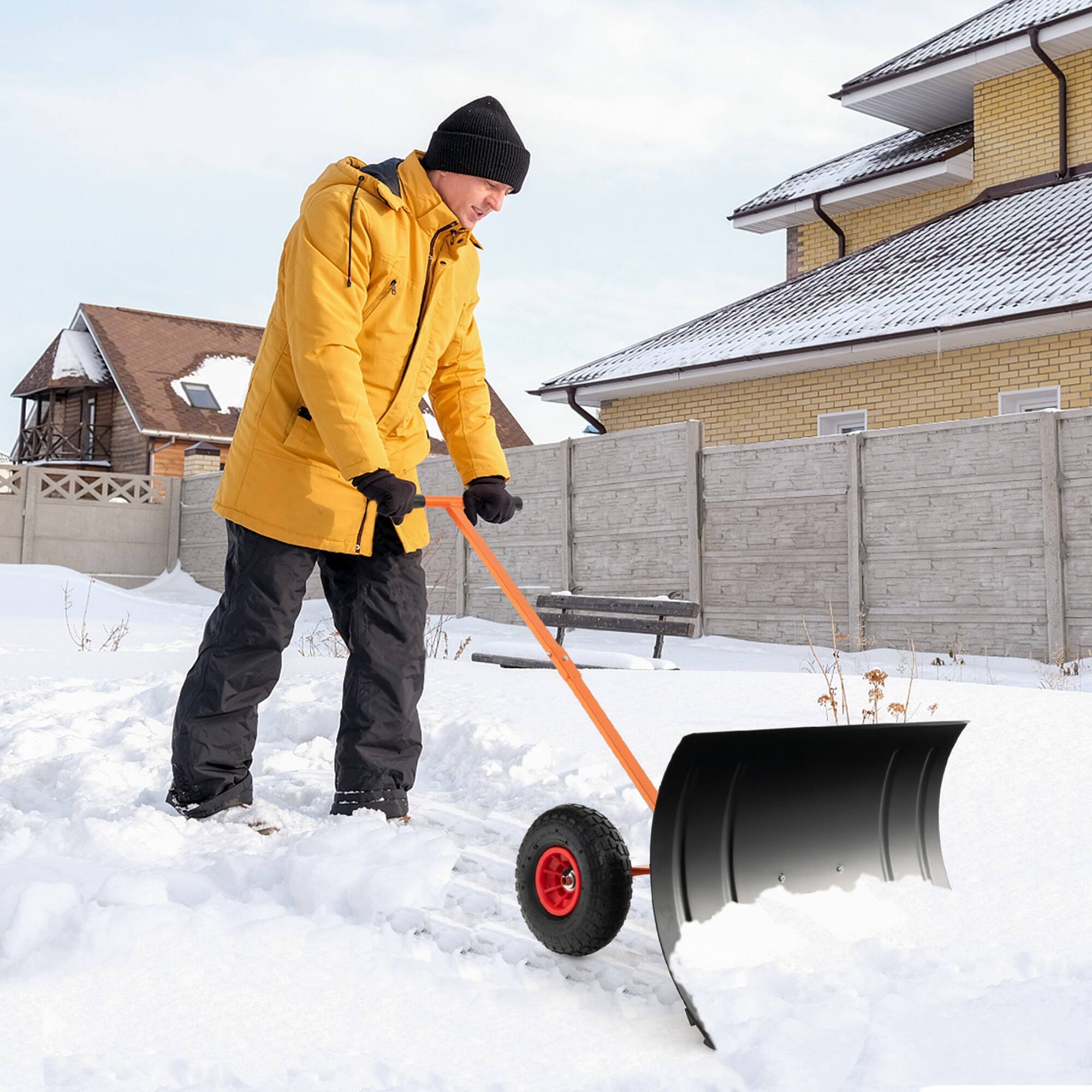Angle. Costway - 29" Snow Shovel Heavy-Duty Metal Adjustable Angle & Height Snow Clear with Wheels - Black + Orange.