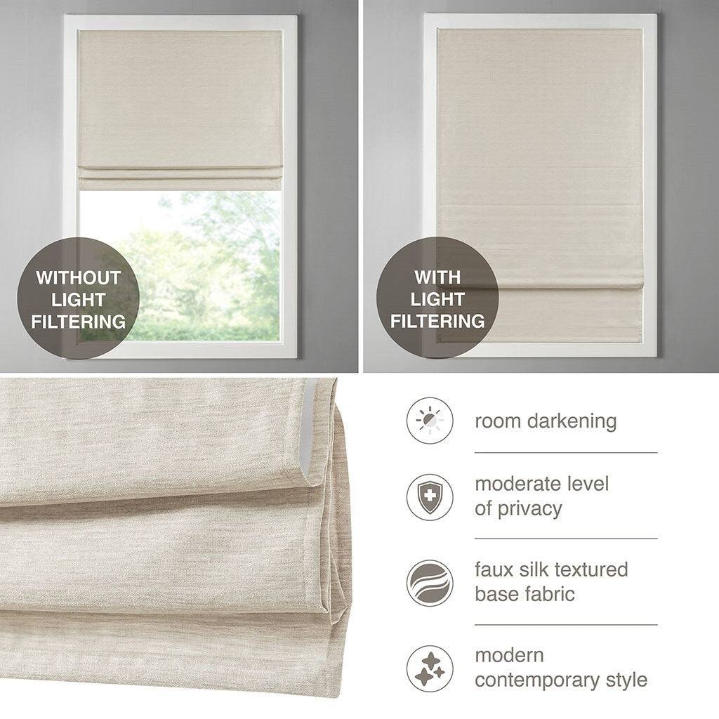 WITHOUT LIGHT FILTERING  
WITH LIGHT FILTERING  

room darkening  
moderate level of privacy  
faux silk textured base fabric  
modern contemporary style