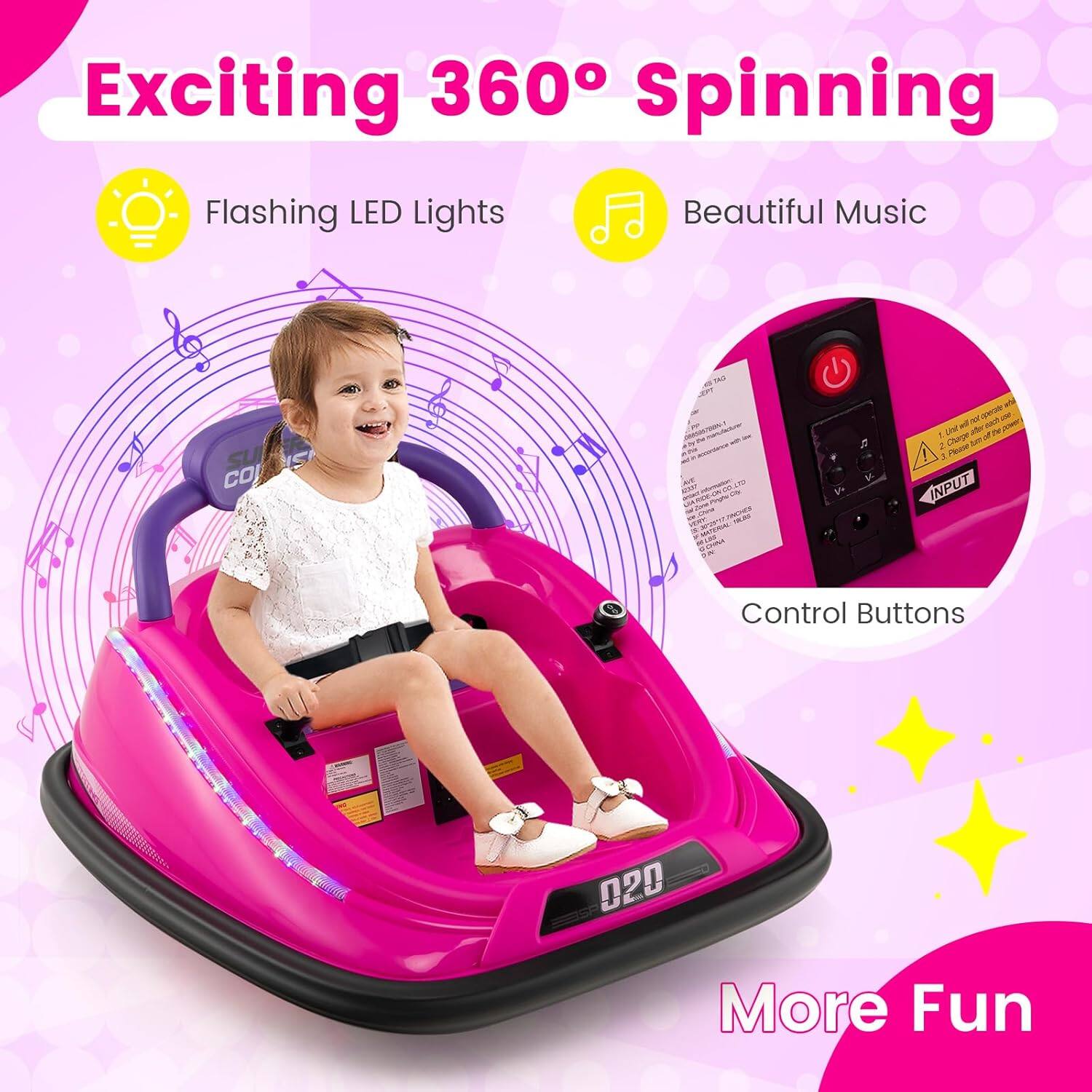 Exciting 360° Spinning

Flashing LED Lights

Beautiful Music

Control Buttons

More Fun