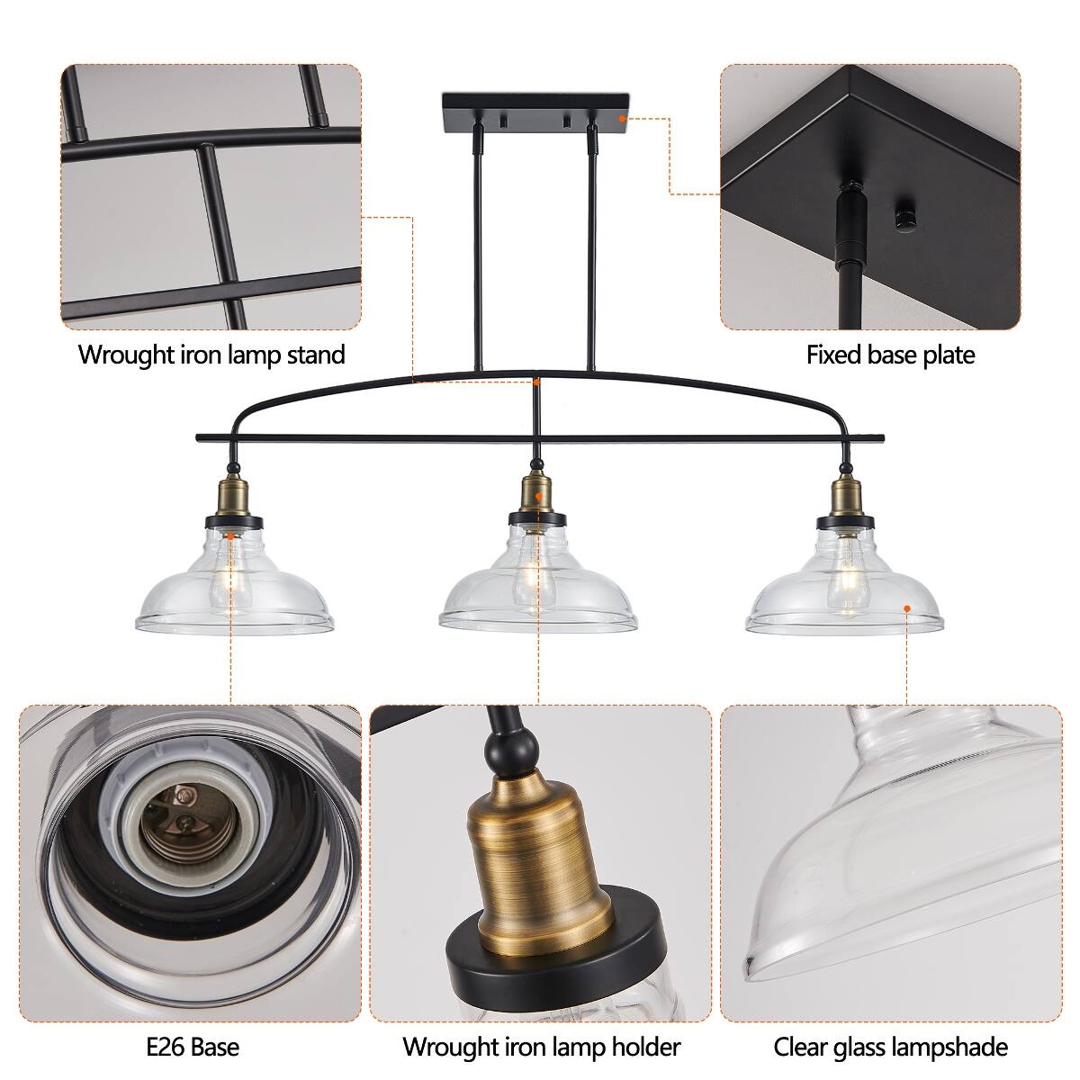 Wrought iron lamp stand  
Fixed base plate  
E26 Base  
Wrought iron lamp holder  
Clear glass lampshade