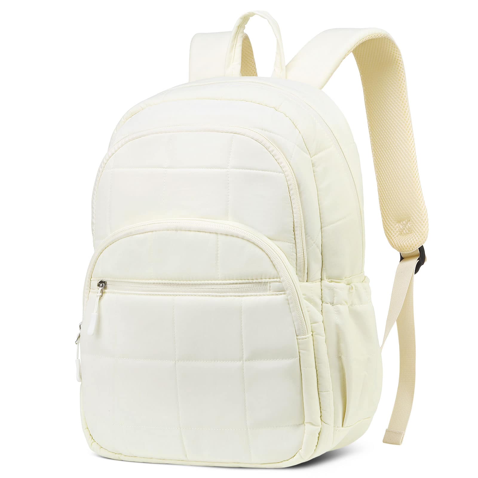 Unique Bargains - Quilted Laptop Backpack for Women, Casual Work Daypack for 15.6" Laptop, Travel Bag with Luggage Strap - Beige