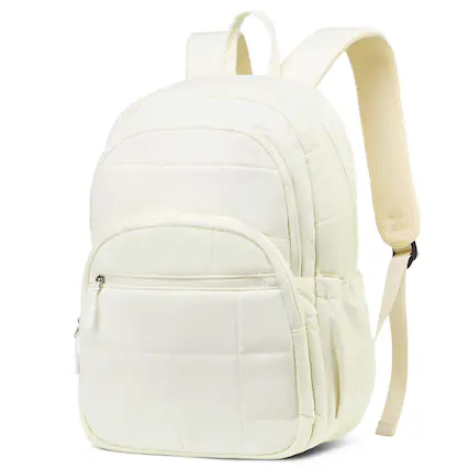 Front. Unique Bargains - Quilted Laptop Backpack for Women, Casual Work Daypack for 15.6" Laptop, Travel Bag with Luggage Strap - Beige.