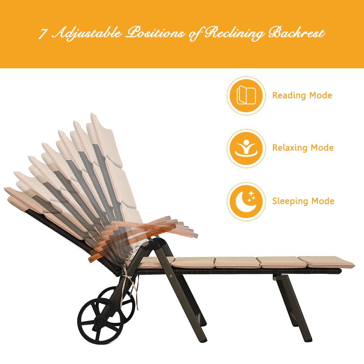 7 Adjustable Positions of Reclining Backrest: Reading Mode, Relaxing Mode, Sleeping Mode.