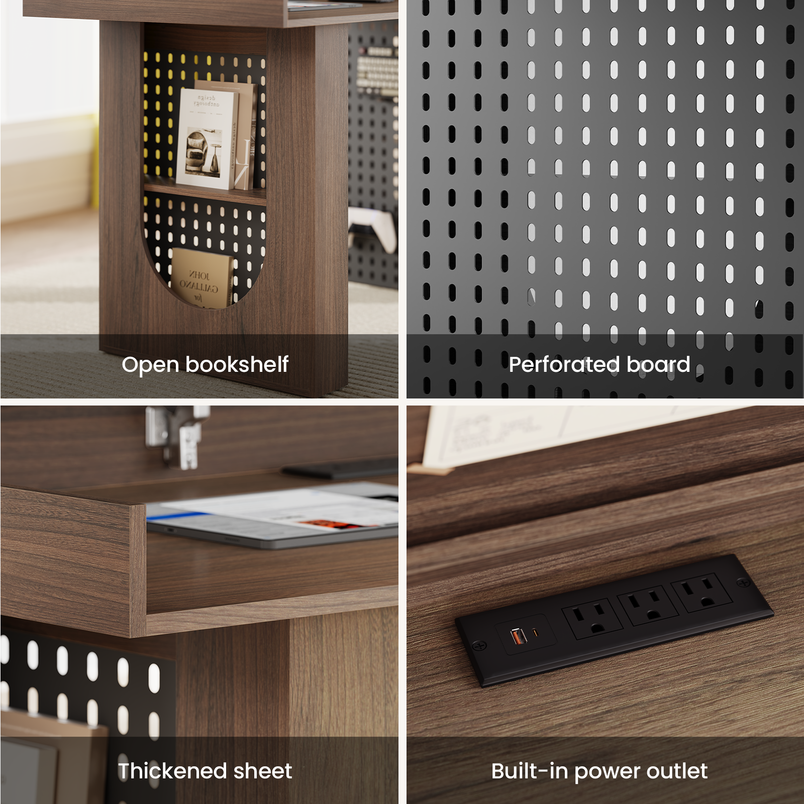 - Open bookshelf
- Perforated board
- Thickened sheet
- Built-in power outlet