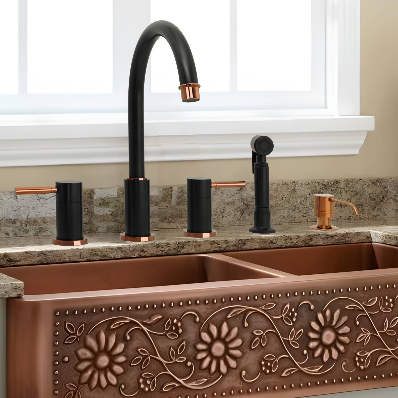 Alt View 5. Akicon - Akicon Solid Brass Double-Handle 360° Swivel Widespread Kitchen Faucet with Side Sprayer in Matte Black & Rose Gold - Matte Black & Rose Gold.
