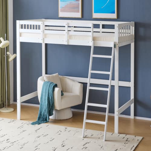 Winado - Twin Size Wood Loft Bed Frame Solid Safety Guardrail with RGB LED 2 Charging Station for Adults Kids Teens Junior - White
