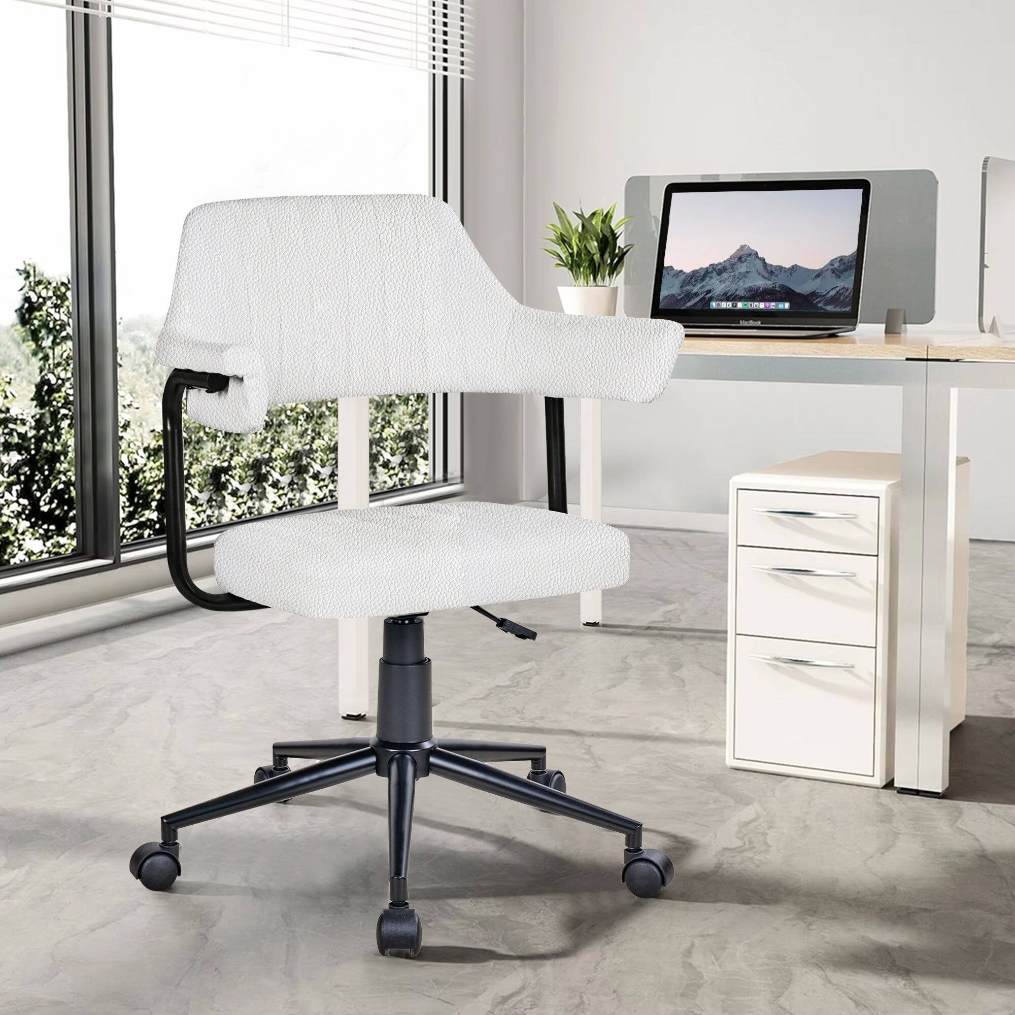 Back. Vecelo - PU Leather Vanity Chair with Adjustable Height - 360° Swivel Office Chair, High-Density Foam Desk Chair with Backrest - Beige.