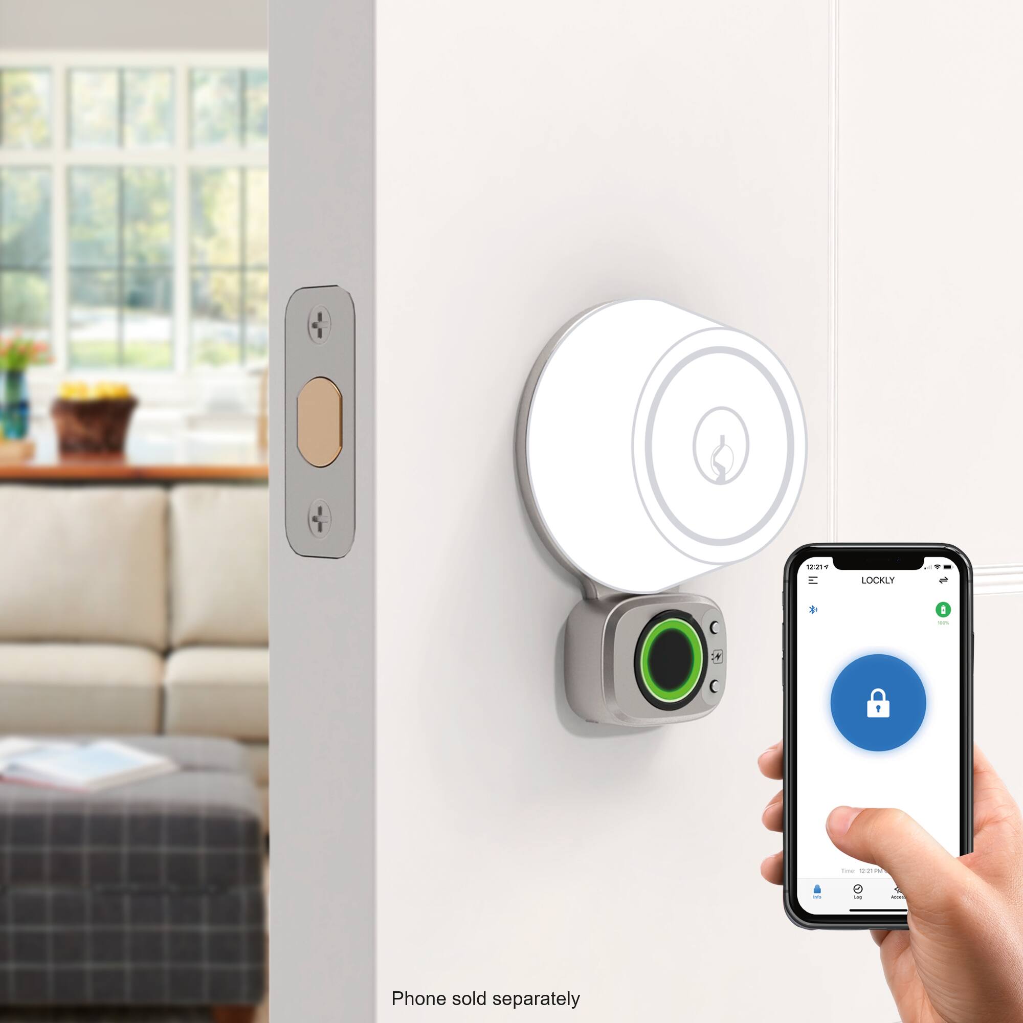 The image shows a person holding a phone that is displaying the Lockly app. The phone is being used to unlock a smart door lock, which is attached to a white door. The Lockly app is designed to work with the smart door lock, allowing the user to access the door securely using their phone. The app is available for download on the App Store and Google Play. The phone sold separately, so the user would need to have a compatible phone to use the Lockly app.