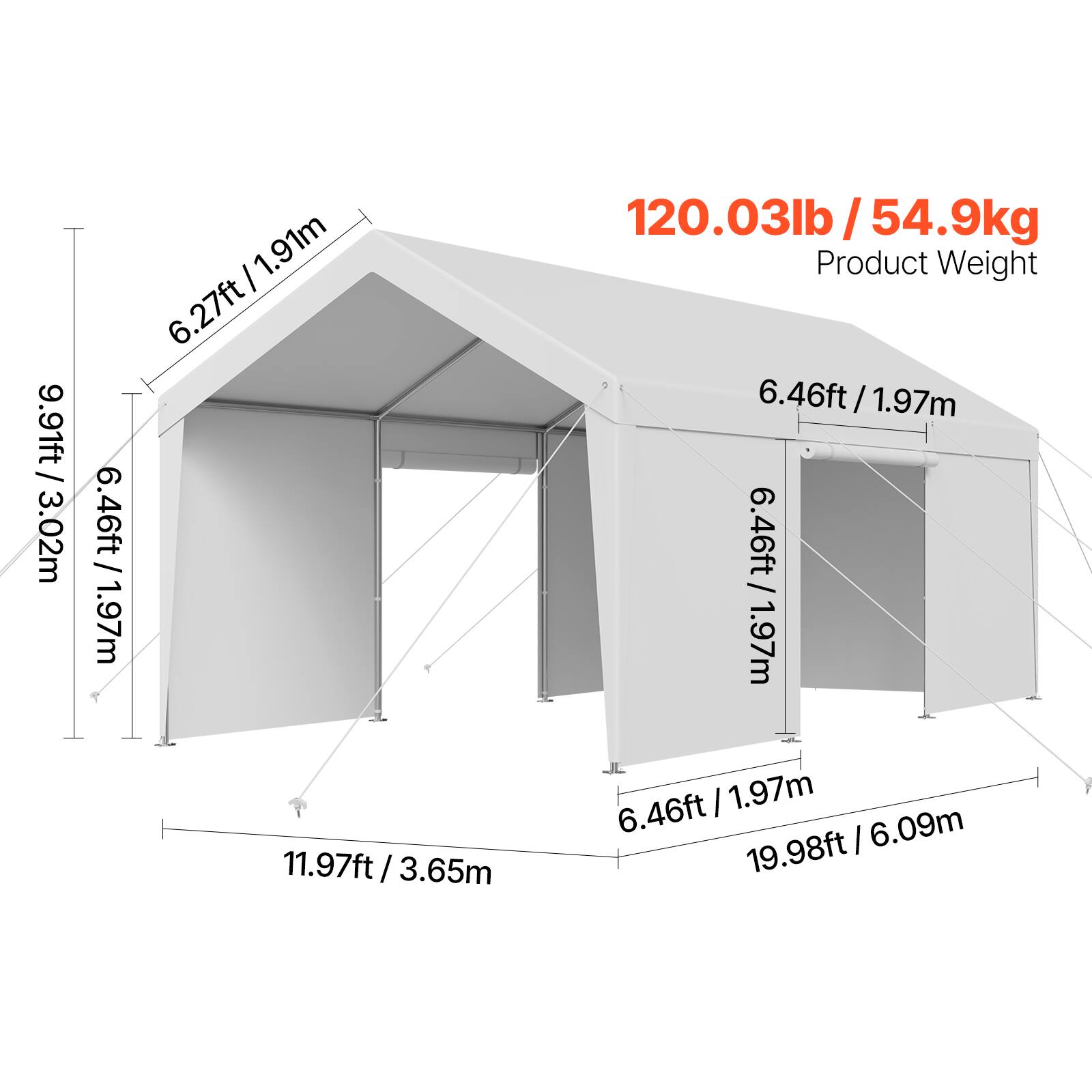 9.91ft / 3.02m, 120.03lb/54.9kg, 6.27ft/1.91m, 6.46ft/1.97m, 19.98ft, 11.97ft / 3.65m