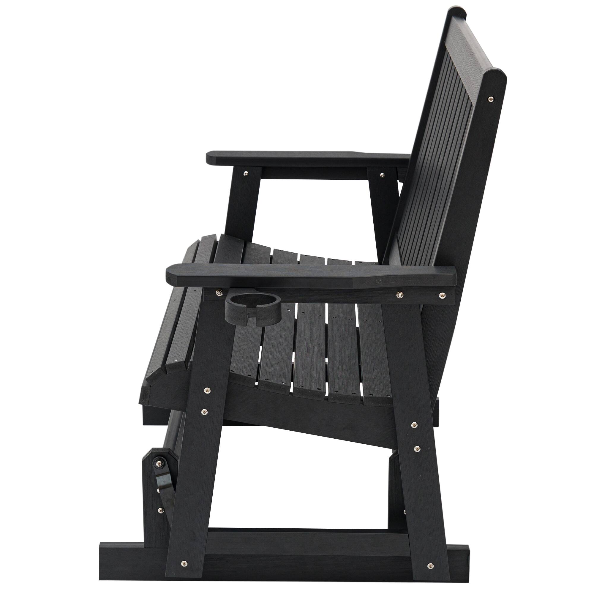 Back. Fortune Candy - HIPS Patio Glider with Cup Holders, Sturdy & Durablel, All-Weather Resistant, for Outdoor, Porch, Patio（2-Seater） - Carbon Black.