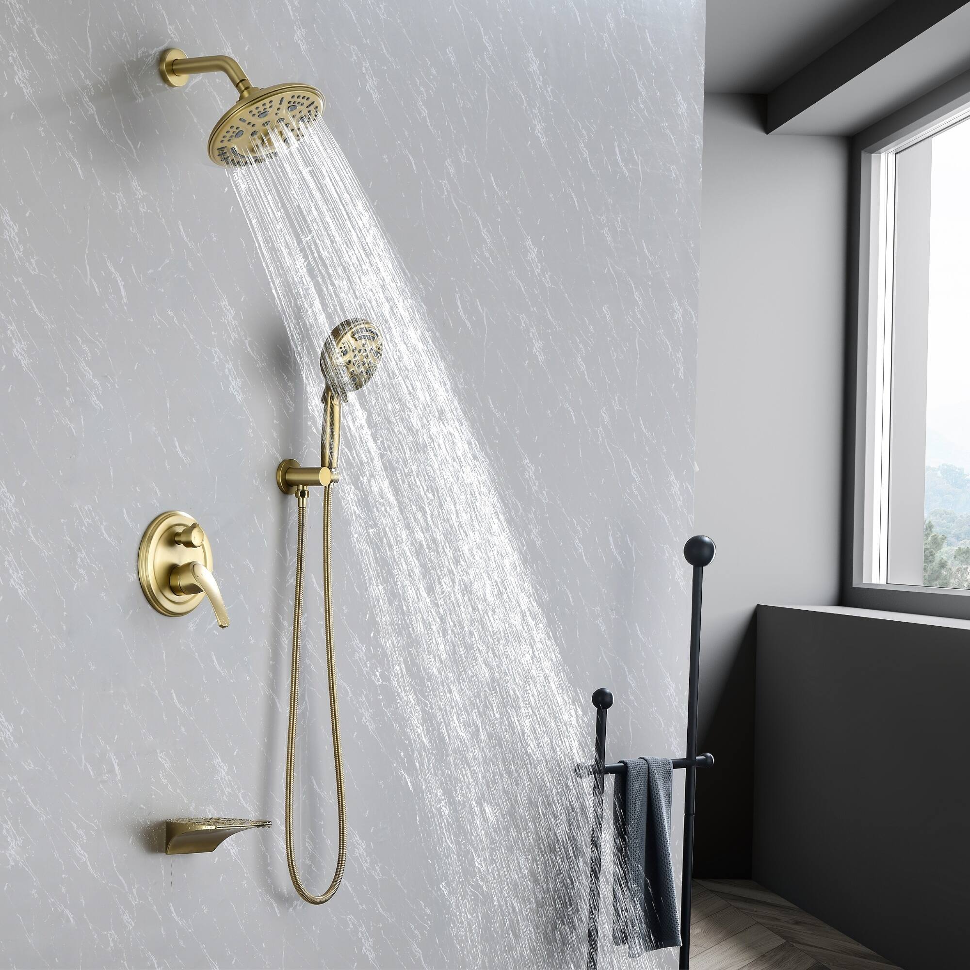 Alt View 1. Boyel Living - Brushed Gold Shower Set Brass SUS304 3-Function Valve 8-Inch Top Spray 9-Function Handheld cUPC - Brushed Gold.