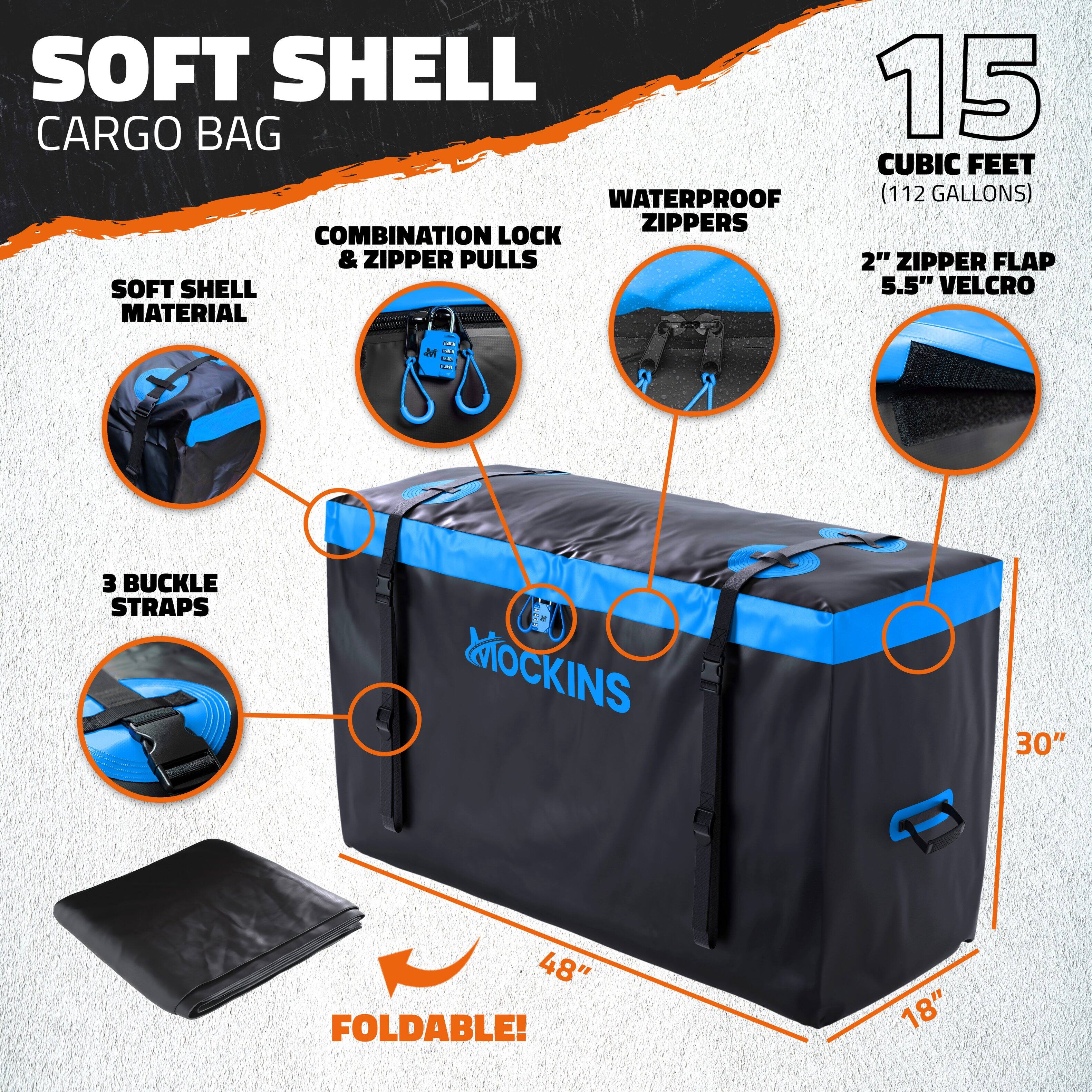 SOFT SHELL CARGO BAG

- 15 CUBIC FEET (112 GALLONS)
- WATERPROOF ZIPPERS
- 2" ZIPPER FLAP
- 5.5" VELCRO
- COMBINATION LOCK & ZIPPER PULLS
- SOFT SHELL MATERIAL
- 3 BUCKLE STRAPS
- FOLDABLE!
- 30" x 48" x 18"
