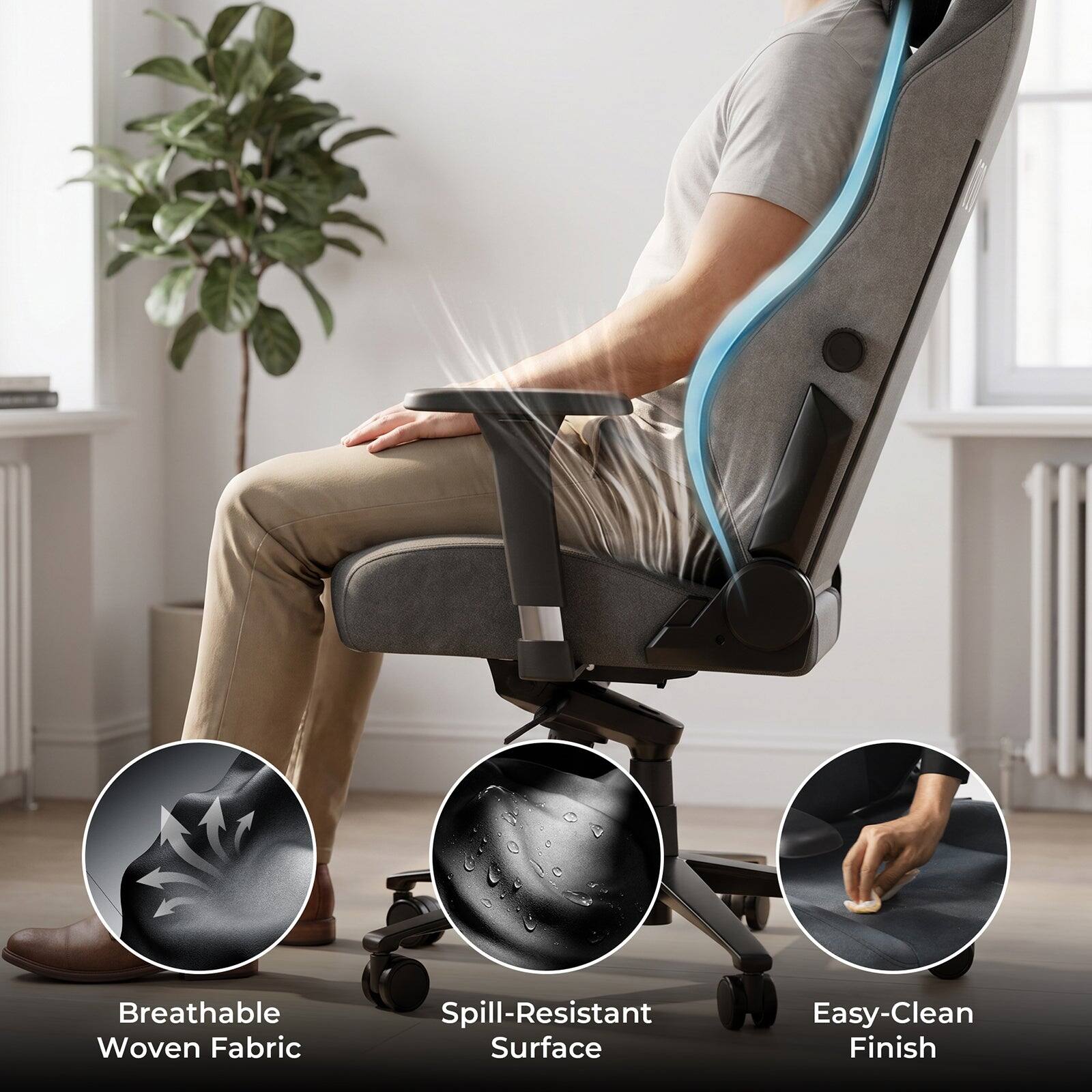 Breathable Woven Fabric  
Spill-Resistant Surface  
Easy-Clean Finish