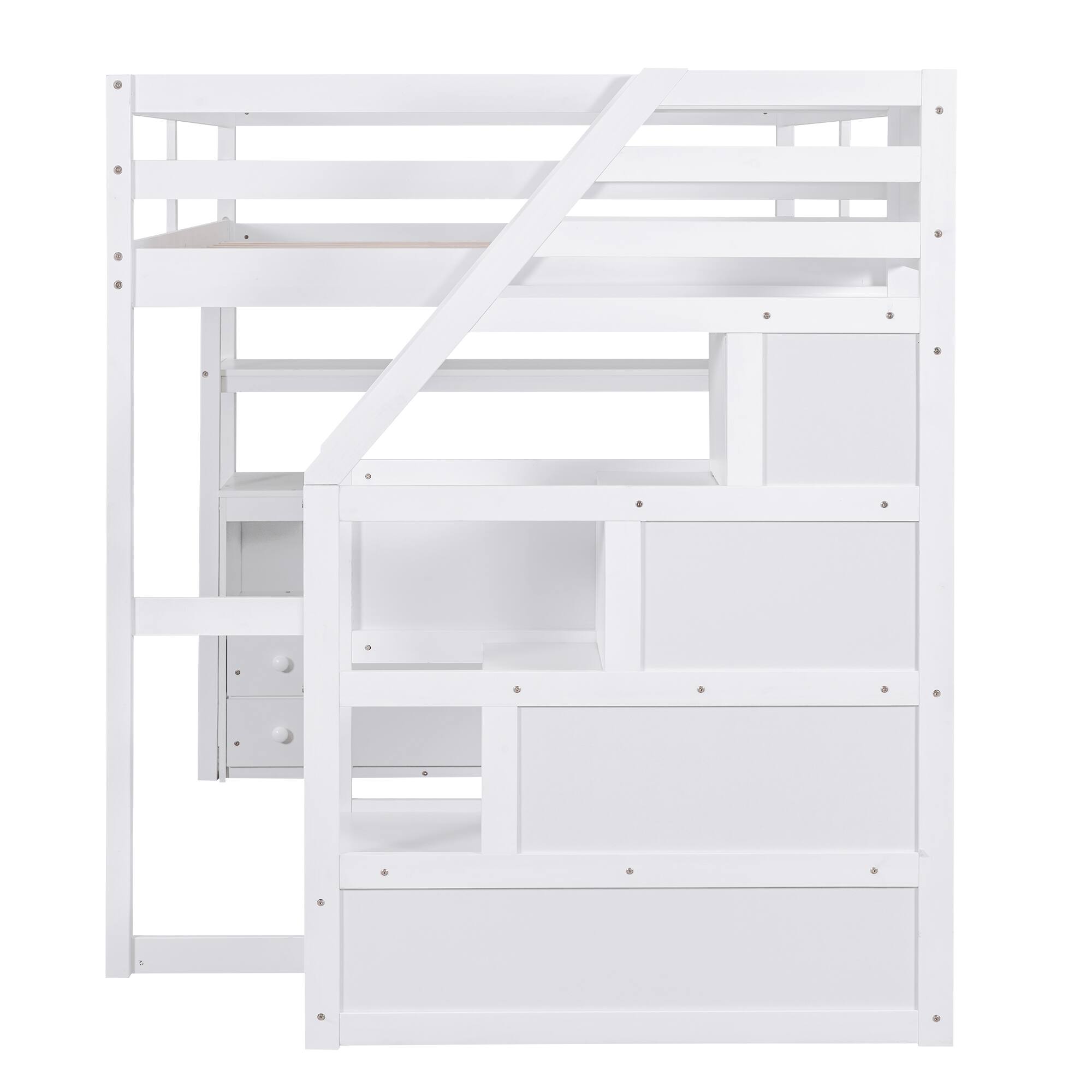 Alt View 10. Tiramisubest - Full Size Loft Bed with Desk, Shelves, Drawers & Storage Staircase, White Pine Wood - White.