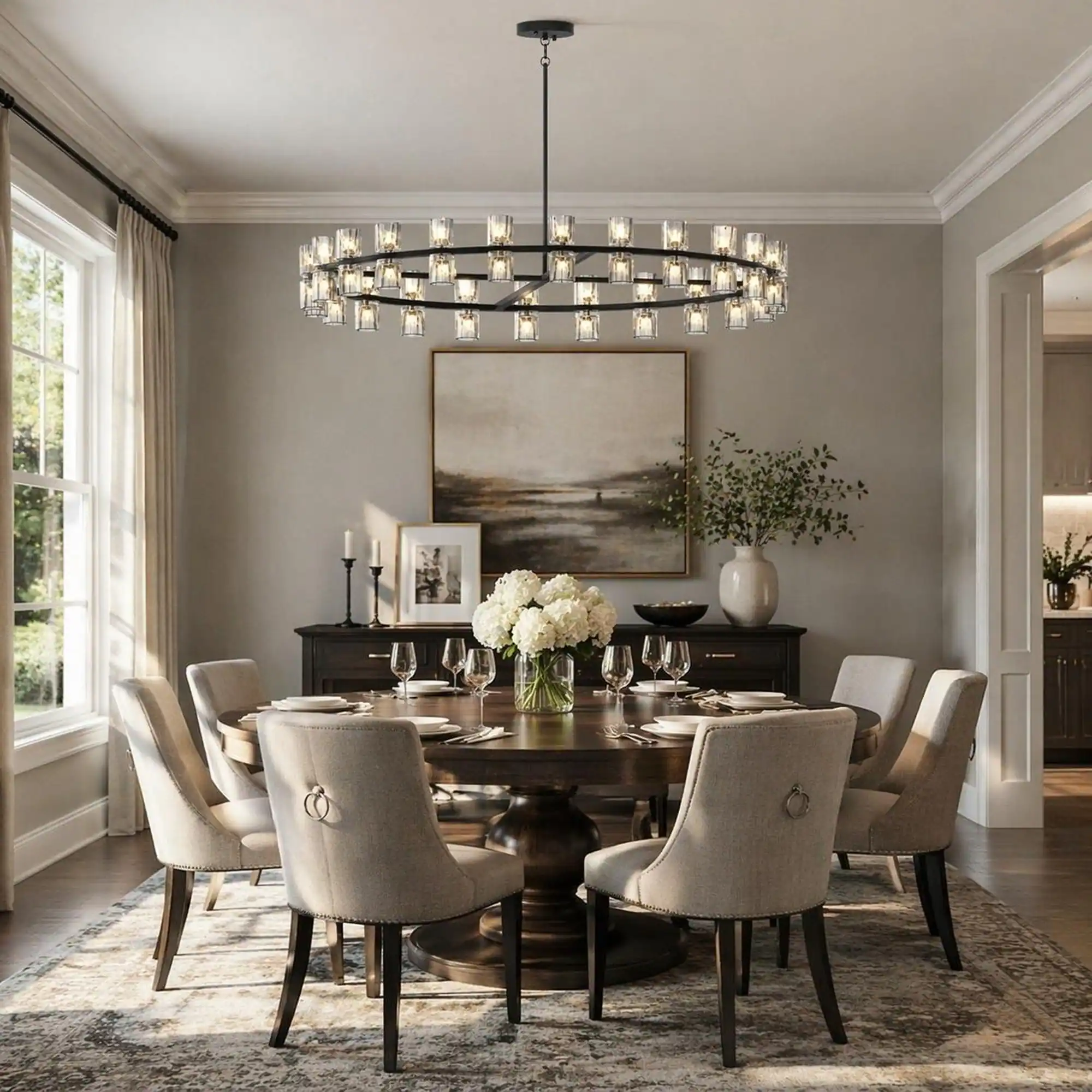 Left. RYHNUYNE - 48-Inch Black Crystal Chandelier with Dual LED Rings, Modern Luxury Ceiling Light for Living Room, Dining Room.