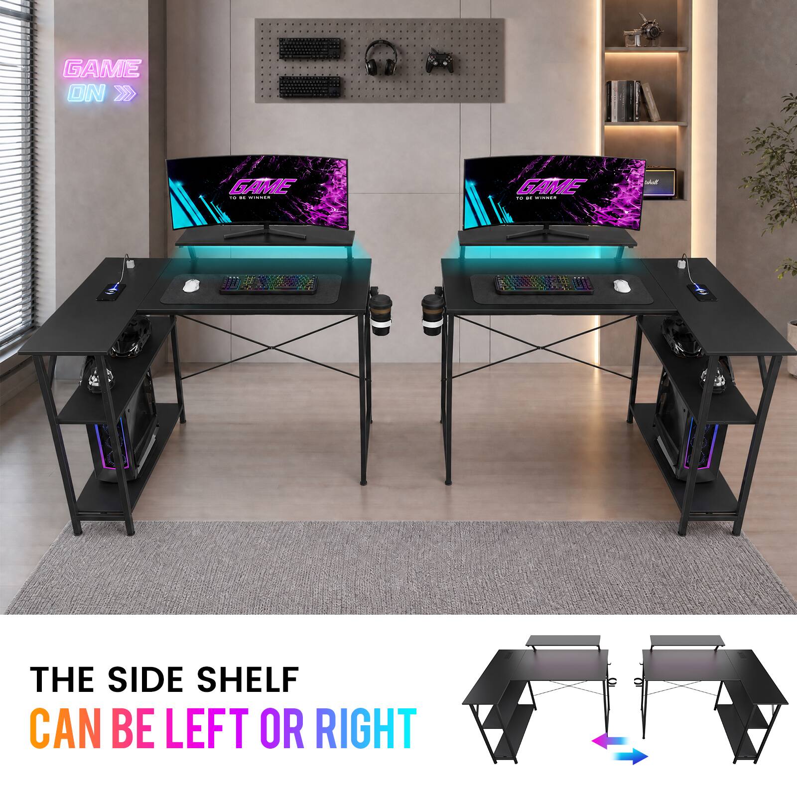 GAME ON  
GAME 10 ML WINNER  
GAME TO at WINNER  

THE SIDE SHELF CAN BE LEFT OR RIGHT