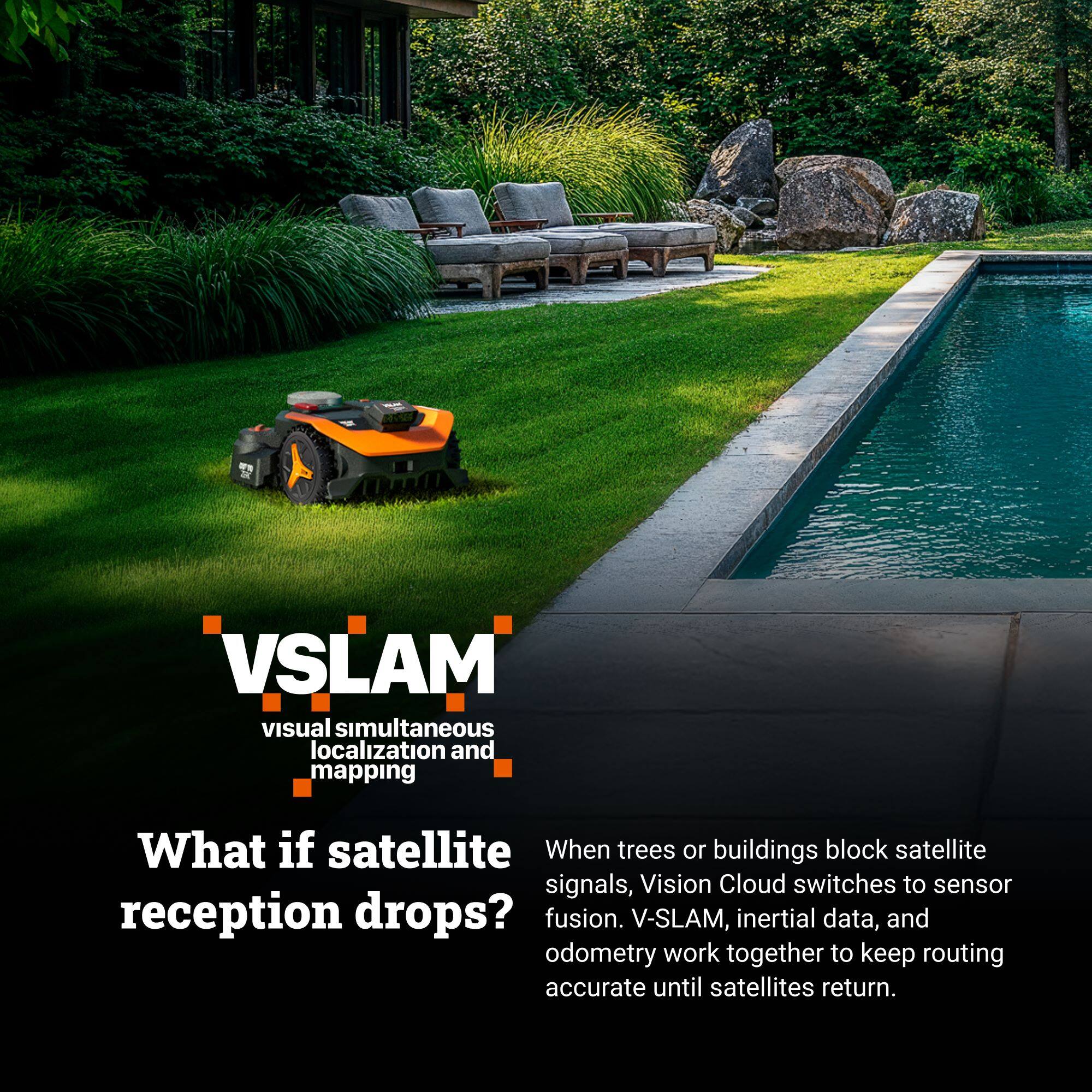 VSLAM  
visual simultaneous localization and mapping

What if satellite reception drops?

When trees or buildings block satellite signals, Vision Cloud switches to sensor fusion. V-SLAM, inertial data, and odometry work together to keep routing accurate until satellites return.