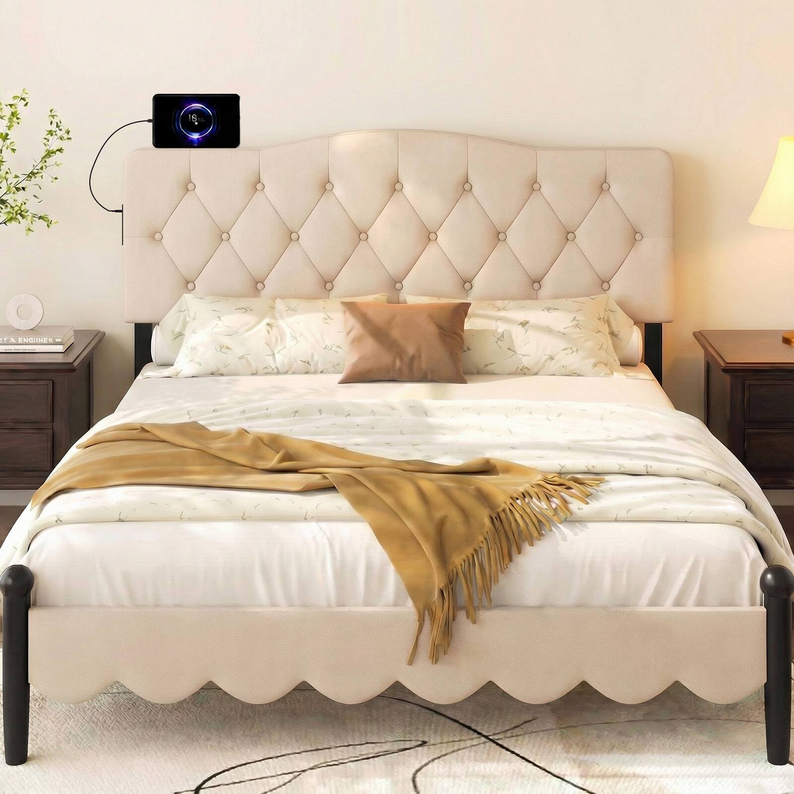 Alt View 3. Gymax - Gymax Headboard for Queen & Full Size Bed Tufted Upholstered Head Board w/2AC Outlets Beige - Beige.