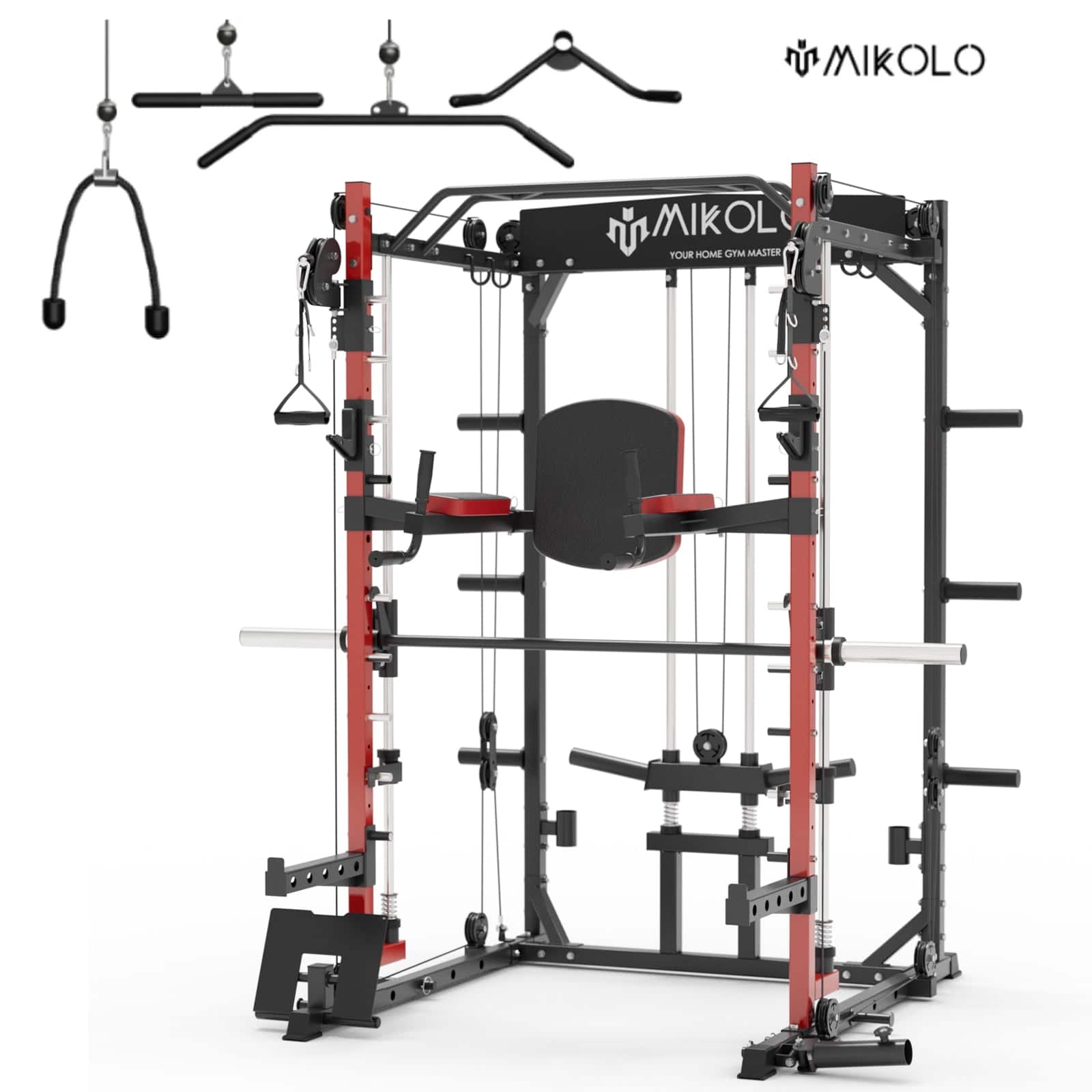 Mikolo - Smith Machine, 2000lbs Squat Rack with 800 lb Capacity Adjustable Bench and 1500lb Capacity Barbell Combo - Red