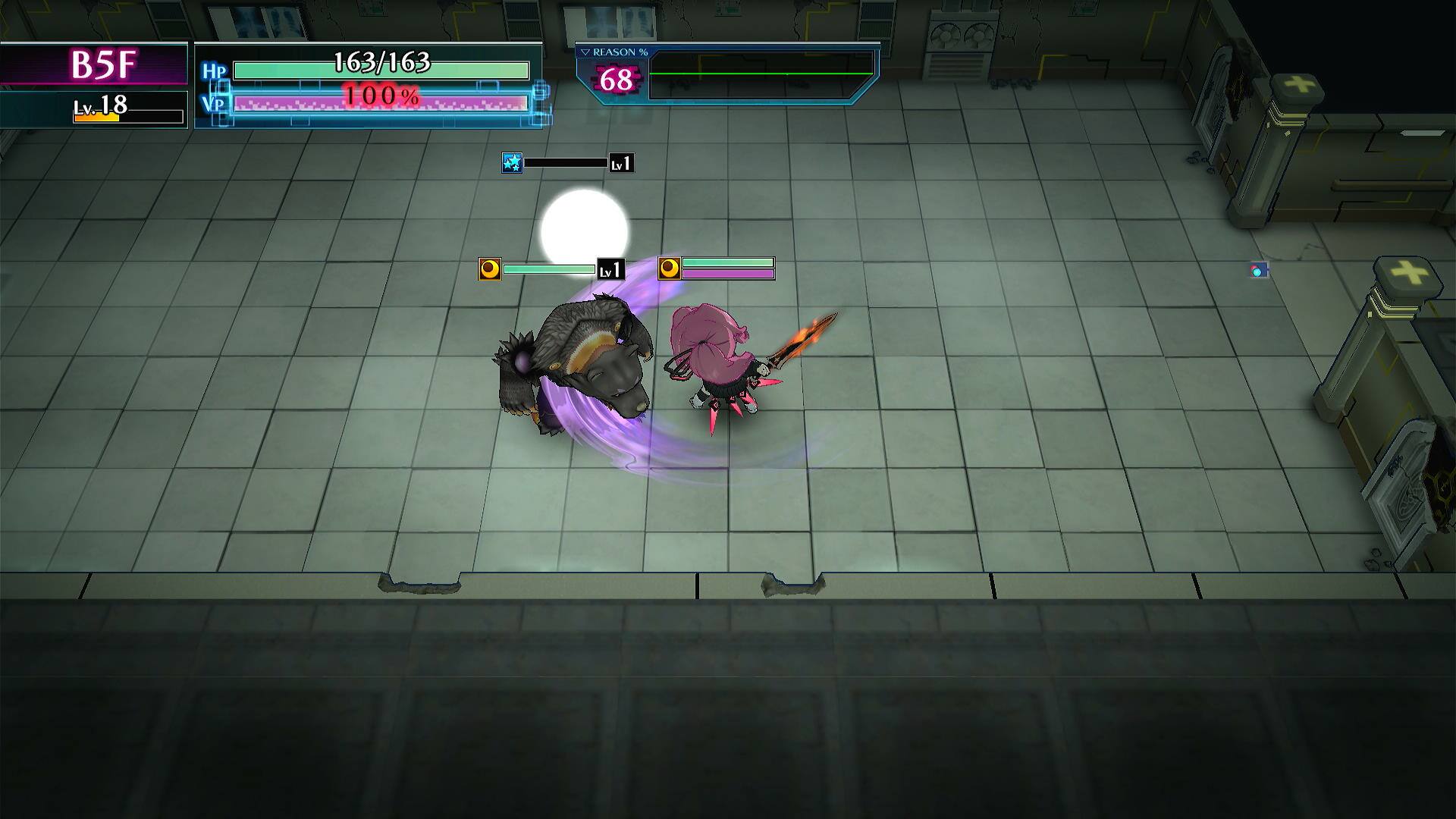 B5F Lv. 18 HP VP 163/163 100% REASON % 68 + 1 Lv 1 + A