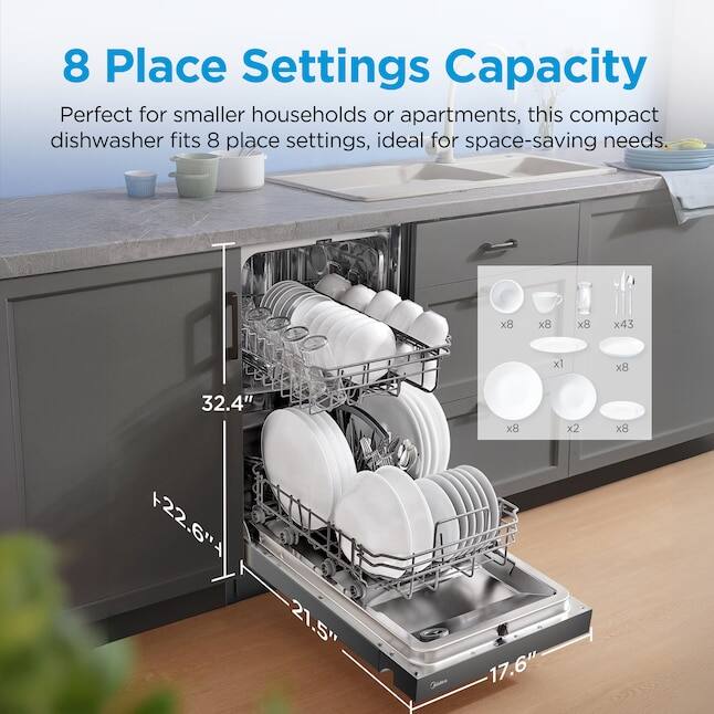 8 Place Settings Capacity

Perfect for smaller households or apartments, this compact dishwasher fits 8 place settings, ideal for space-saving needs.

- 32.4" (height)
- 22.6" (width)
- 21.5" (depth)
- 17.6" (height of the dishwasher)

x8 (cups)
x8 (bowls)
x8 (plates)
x43 (cutlery)
x1 (coffee pot)
x8 (spoons)
x8 (forks)
x8 (knives)
x8 (saucers)
x2 (tea cups)
x8 (tea saucers)