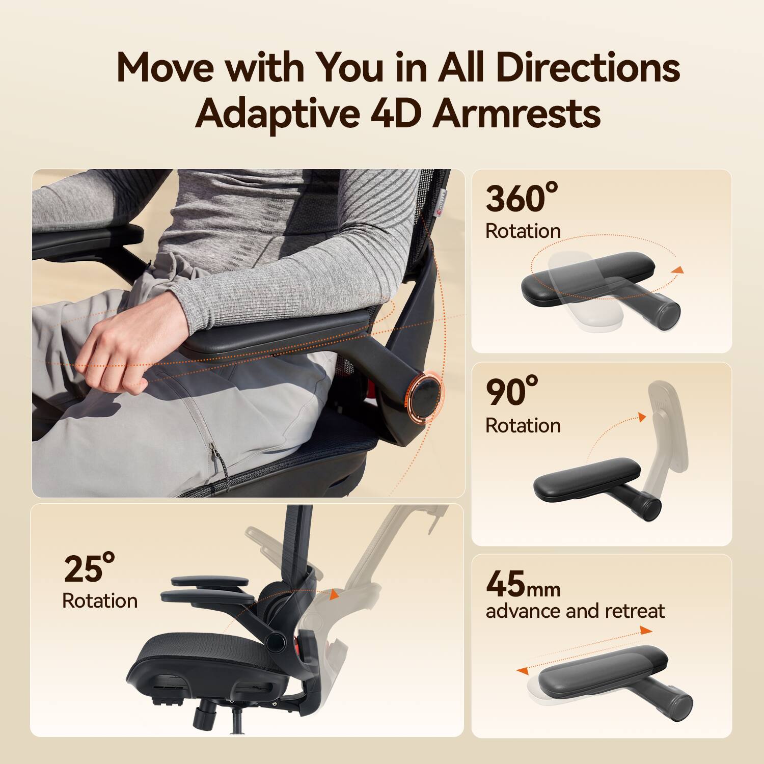 Move with You in All Directions  
Adaptive 4D Armrests

- 360° Rotation
- 90° Rotation
- 25° Rotation
- 45mm advance and retreat