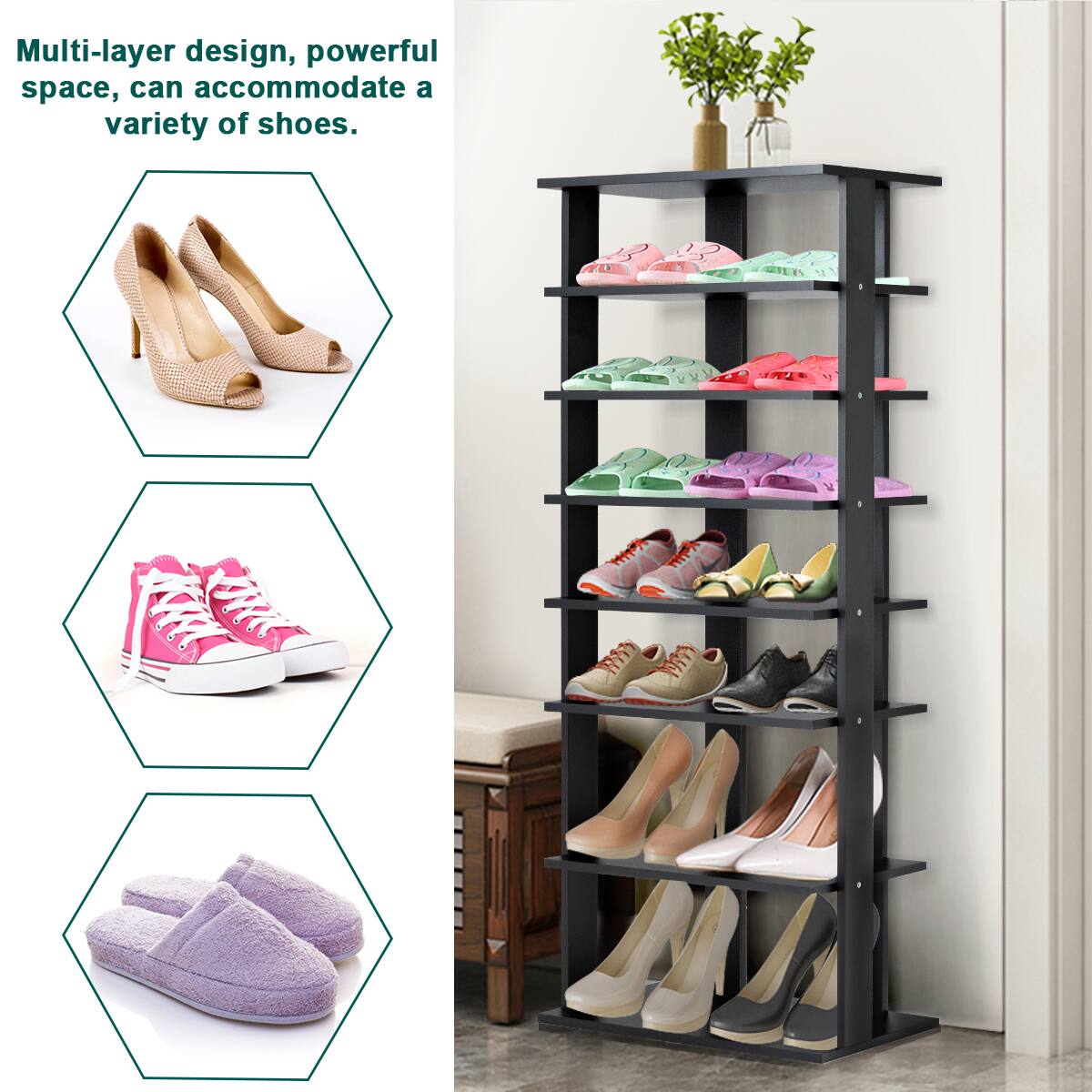 The text on the image reads: "Multi-layer design, powerful space, can accommodate a variety of shoes."