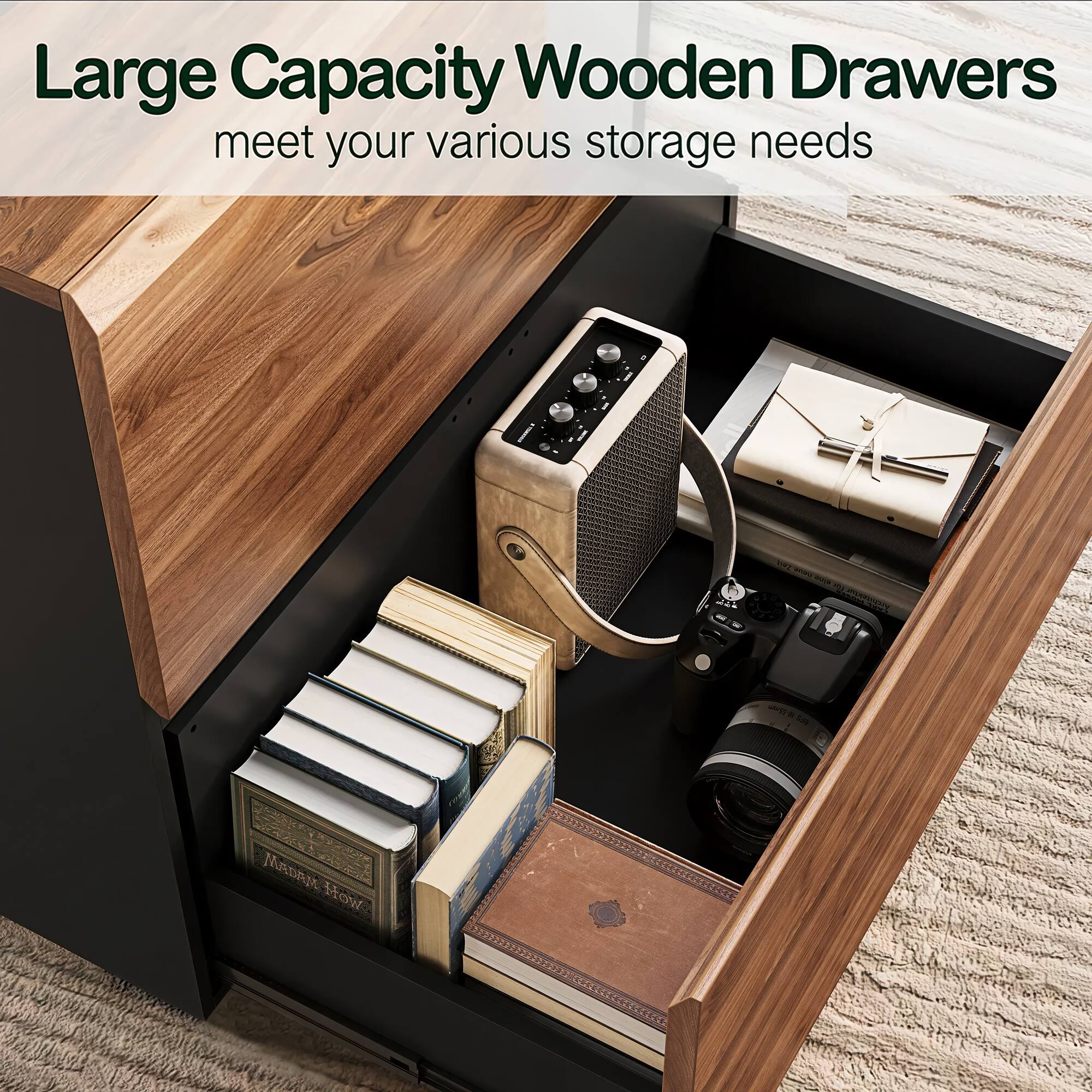 Large Capacity Wooden Drawers  
meet your various storage needs