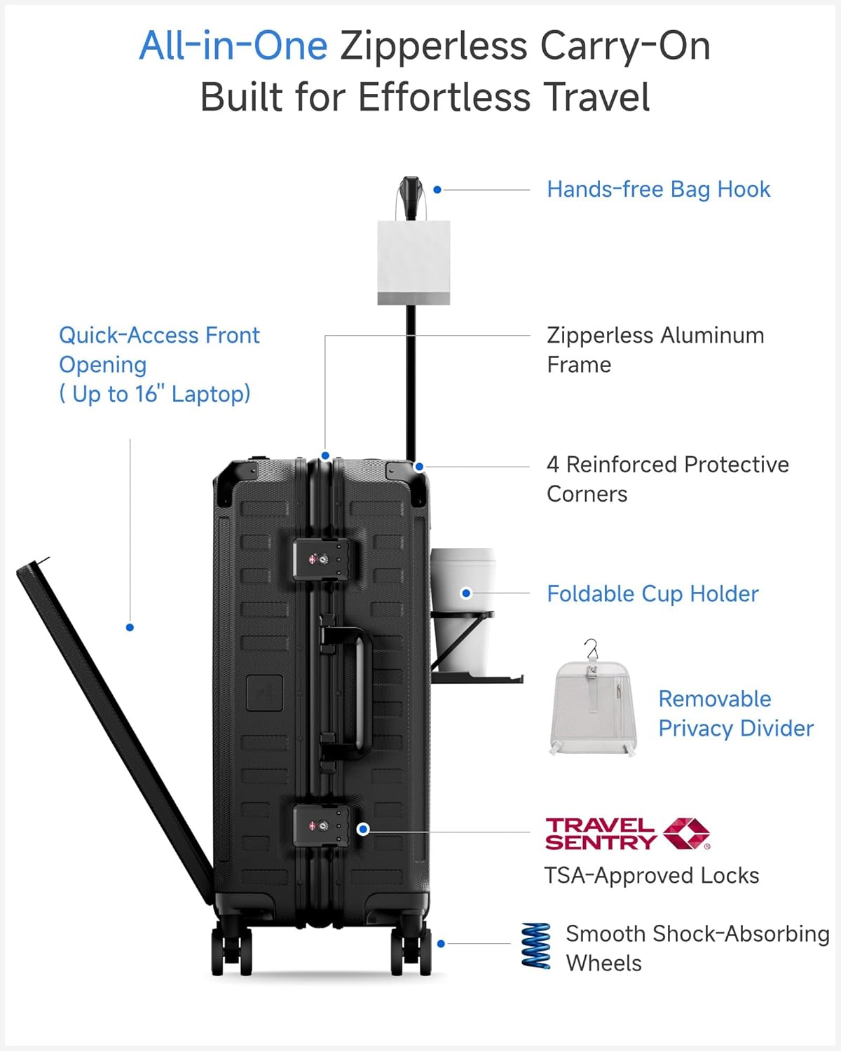 All-in-One Zipperless Carry-On Built for Effortless Travel

- Hands-free Bag Hook
- Quick-Access Front Opening (Up to 16" Laptop)
- Zipperless Aluminum Frame
- 4 Reinforced Protective Corners
- Foldable Cup Holder
- Removable Privacy Divider
- TSA-Approved Locks
- Smooth Shock-Absorbing Wheels