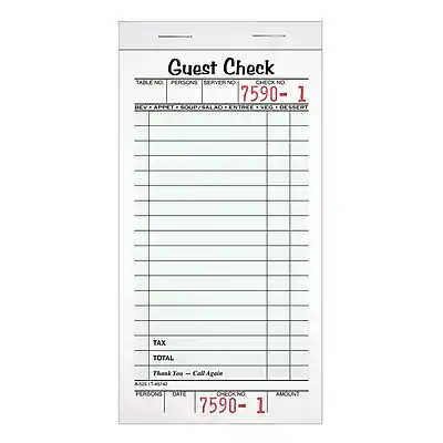 Guest Check
TABLE NO: 7590 - 1
PERSONS:
SERVER:
CHECK NO: 7590 - 1
TAX
TOTAL
Thank You - Call Again
TERMS DATE CREANO
7590 - 1
ADJON