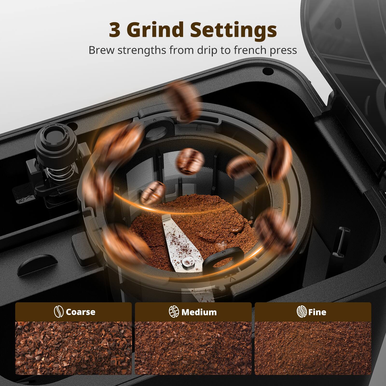 3 Grind Settings  
Brew strengths from drip to french press  
Coarse Medium Fine