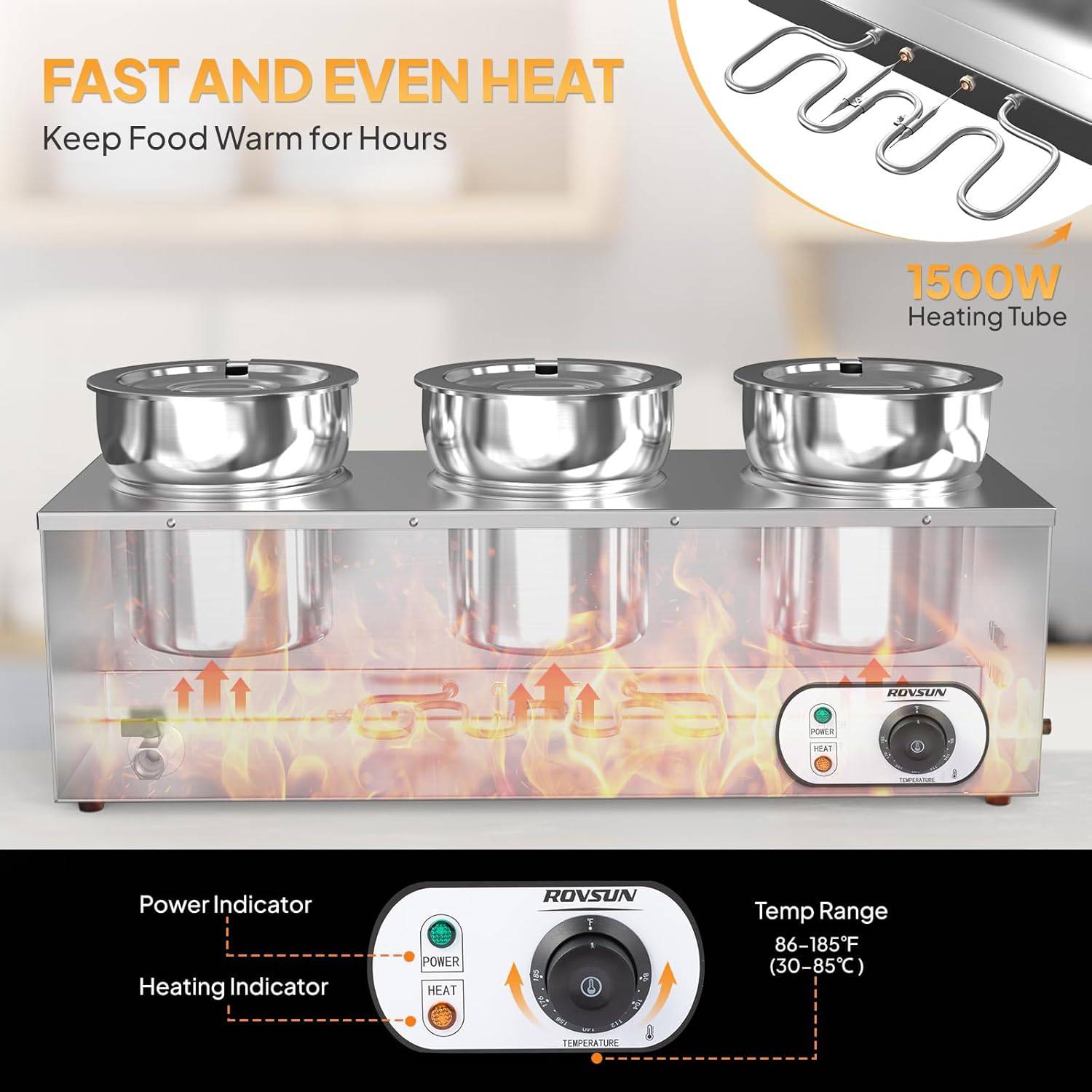 FAST AND EVEN HEAT  
Keep Food Warm for Hours  

1500W Heating Tube  

ROVSUN POSER IAT  

Power Indicator  
Heating Indicator  

Temp Range: 86-185°F (30-85°C)