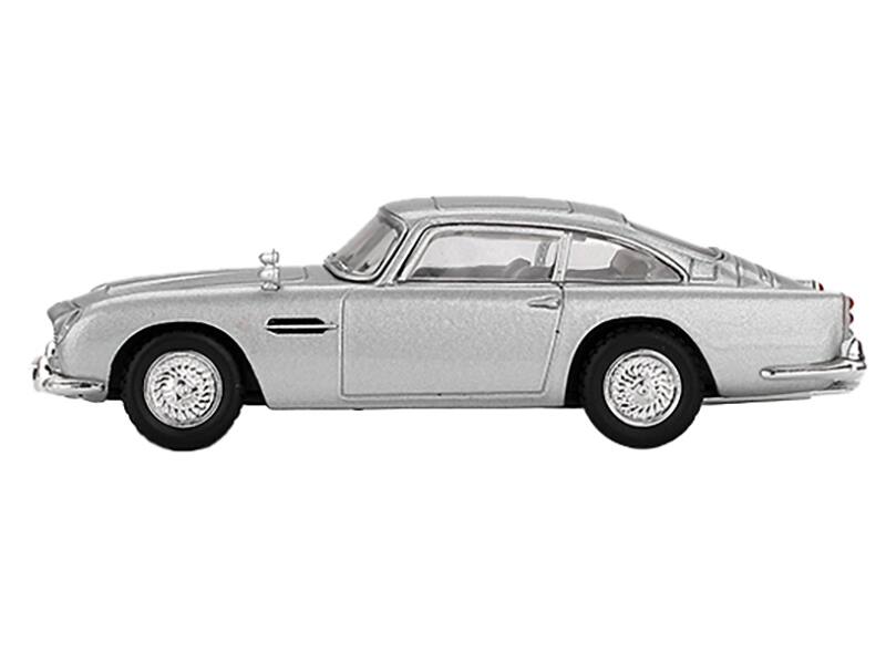 Angle. Mini GT - Aston Martin DB5 RHD Birch Silver Metallic 007 James Bond Thunderball 1965 Movie Limited Edition 1/64 - Birch Silver Metallic.