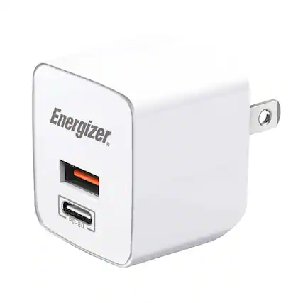 Energizer - Fast Charging 2-Port Wall Charger, 38W Total Output, Foldable Prongs - White