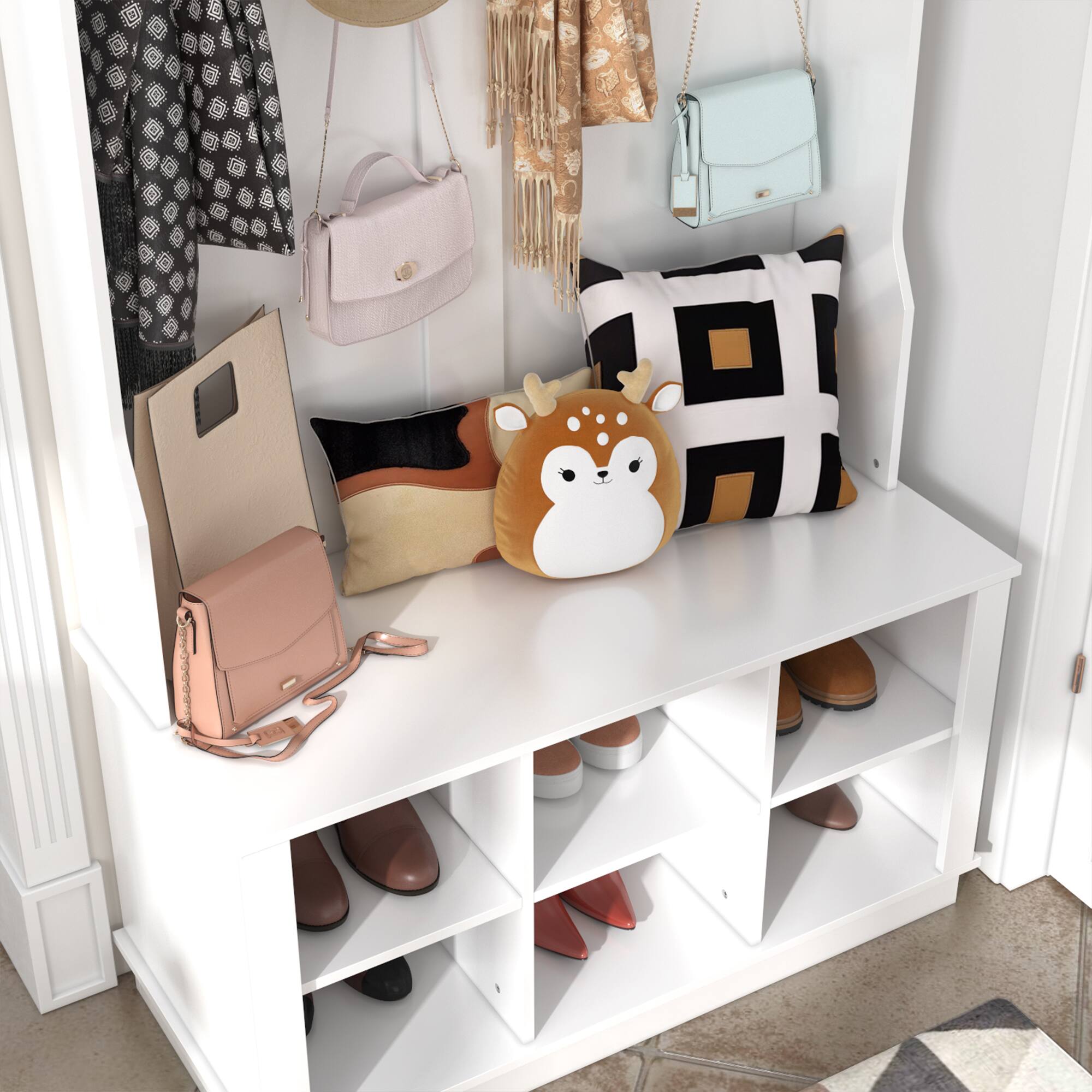 Back. FUFU & GAGA - Entryway Hall Tree with Coat Rack Shoe Cabinet and Bench Entryway Organizer with Hooks and Storage Shelves - White.