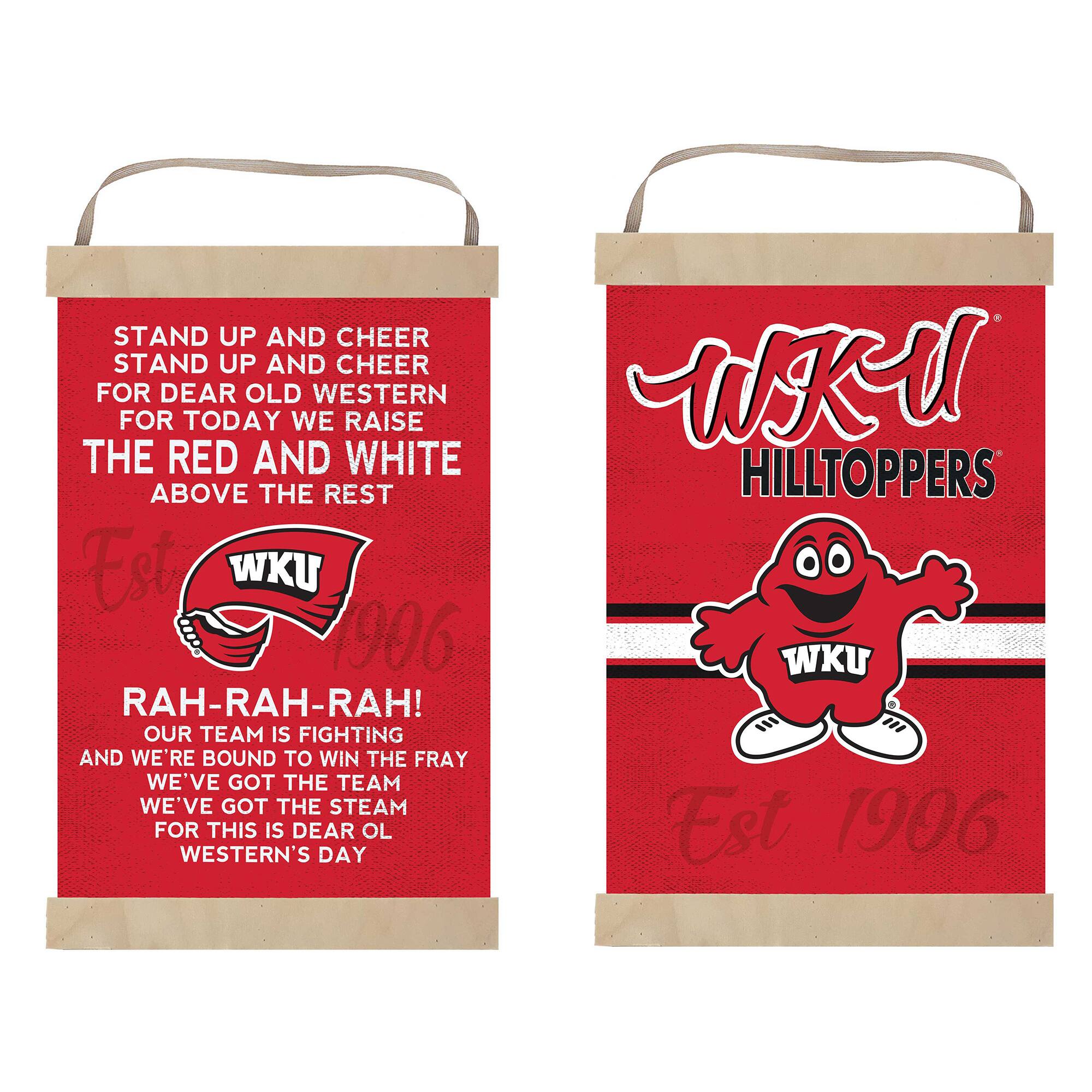 **Left Bag:**

STAND UP AND CHEER  
STAND UP AND CHEER  
FOR DEAR OLD WESTERN  
FOR TODAY WE RAISE  
THE RED AND WHITE  
ABOVE THE REST  

RAH-RAH-RAH!  
OUR TEAM IS FIGHTING  
AND WE'RE BOUND TO WIN THE FRAY  
WE'VE GOT THE TEAM  
WE'VE GOT THE STEAM  
FOR THIS IS DEAR OL WESTERN'S DAY  

WKU  
Est 1906  

**Right Bag:**

WKU  
HILLTOPPERS  

WKU  
Est 1906