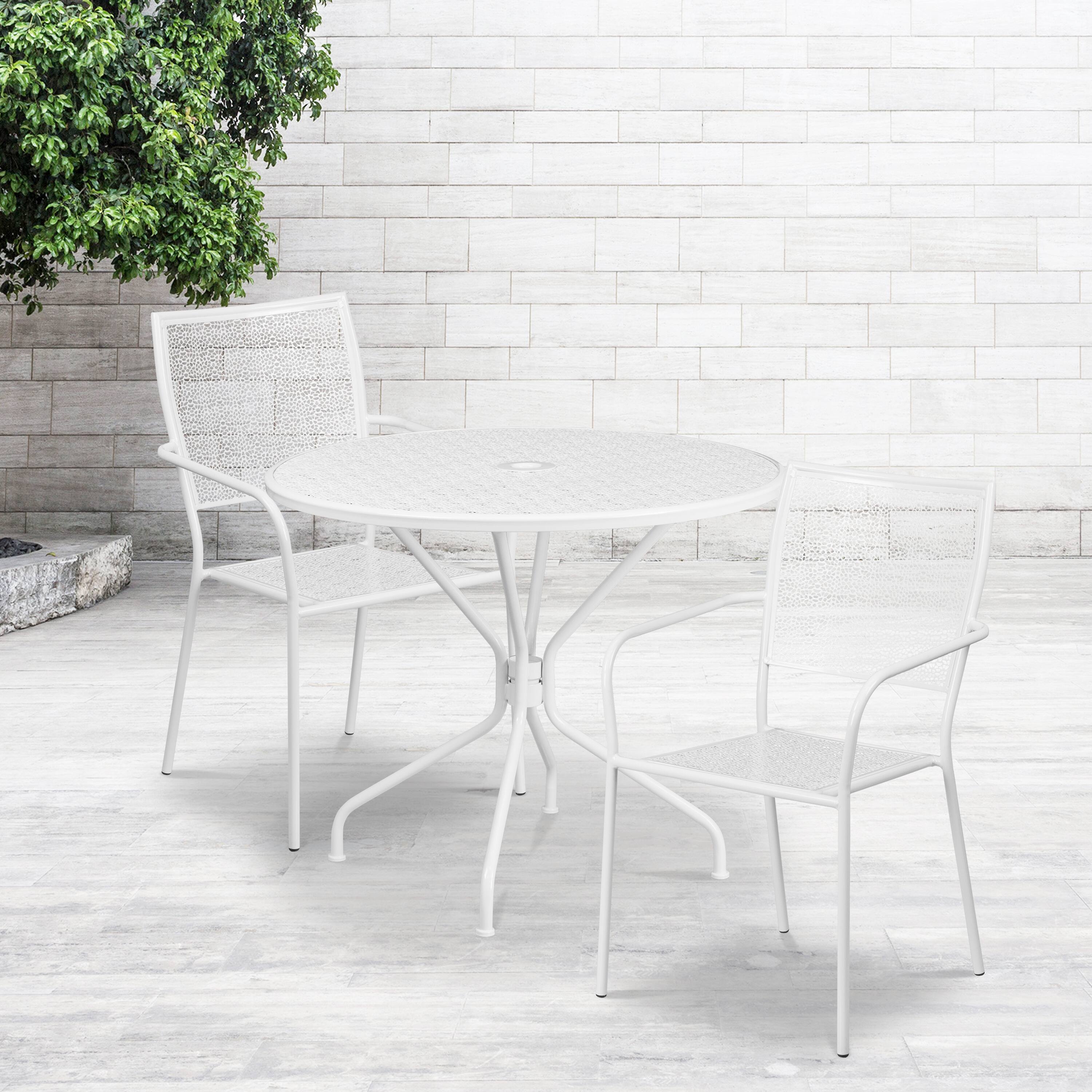 Alt View 1. Emma + Oliver - Commercial Grade 35.25" Round Metal Garden Patio Table Set, 2 Square Back Chairs - White.