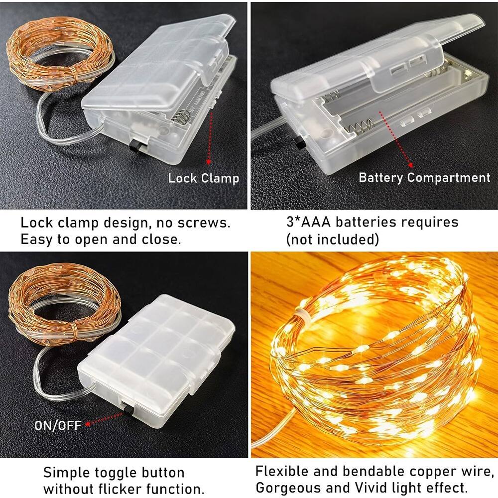 Lock Clamp  
Lock clamp design, no screws. Easy to open and close.

Battery Compartment  
3*AAA batteries requires (not included)

ON/OFF  
Simple toggle button without flicker function.

Flexible and bendable copper wire,  
Gorgeous and Vivid light effect.