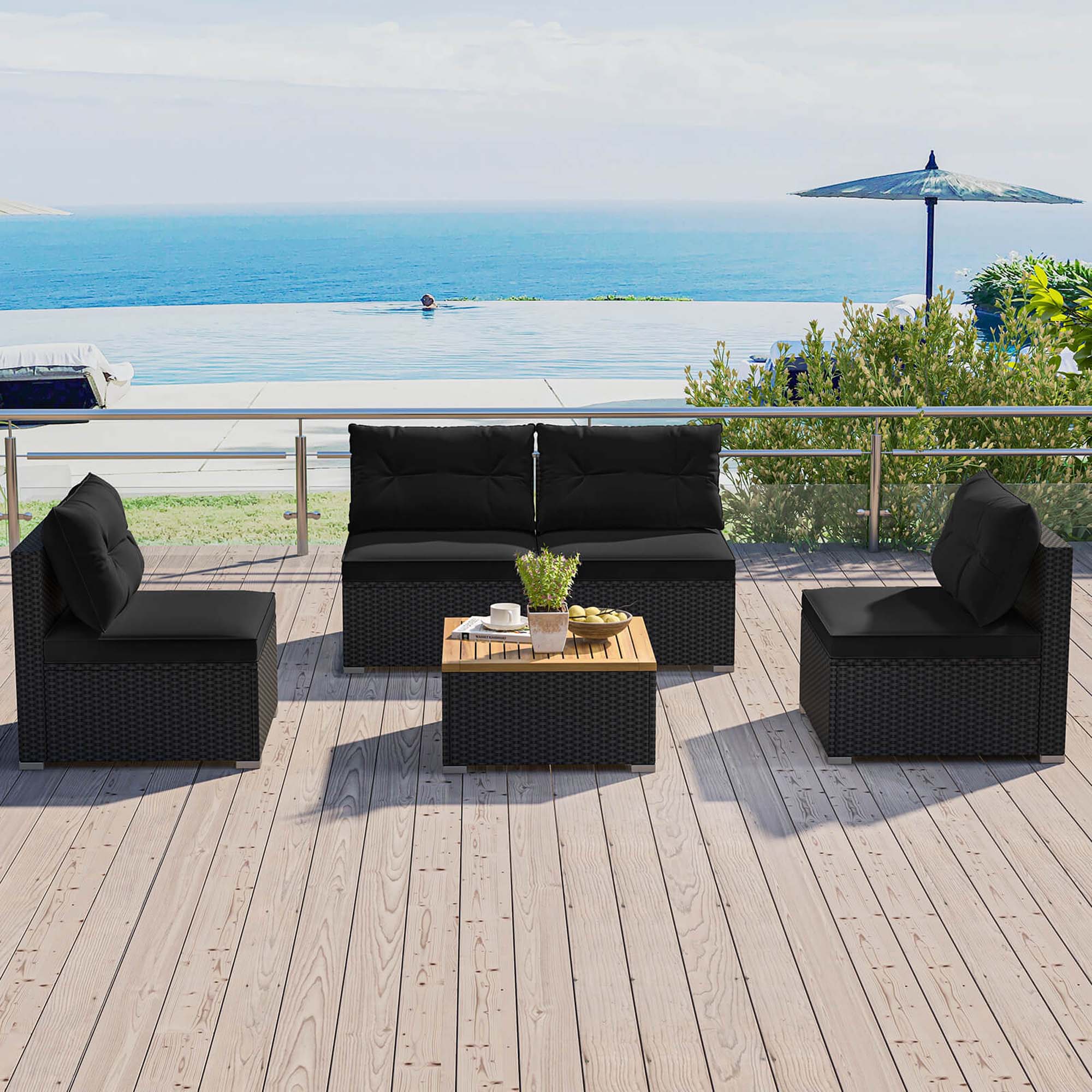 Alt View 1. Costway - Costway 5 Piece Outdoor Furniture Set with Seat & Back Cushions Acacia Wood Tabletop - Black.