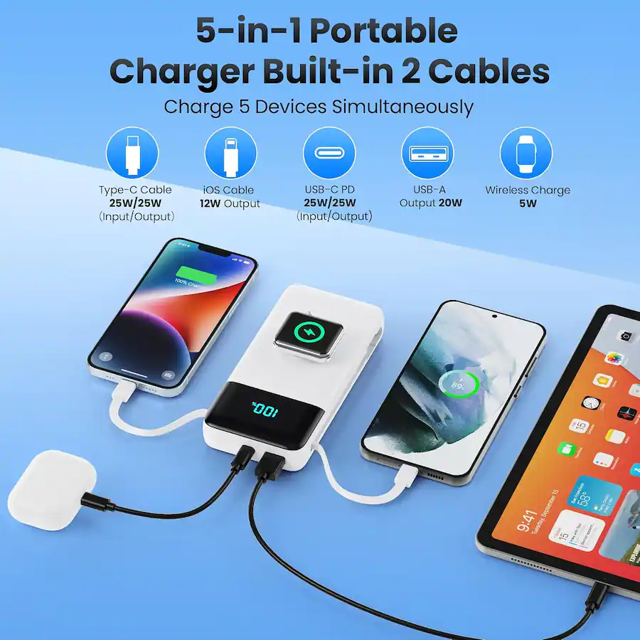 Core Values Short Core Tech 40800mAh 25W Fast Charge Power Bank with Built In Cables and ...