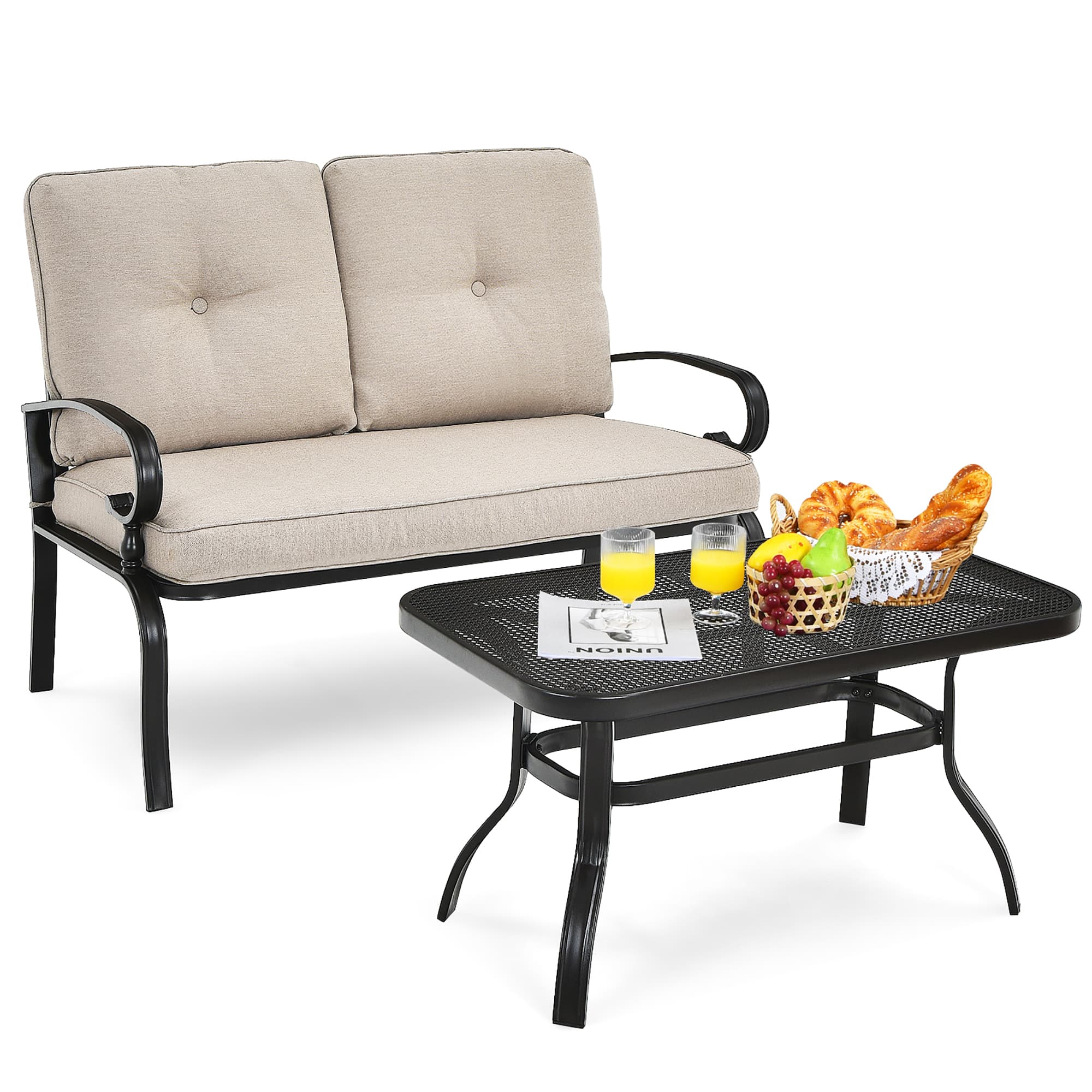 Costway - 2PCS Patio Loveseat Bench Table Furniture Set Cushioned Chair - Beige