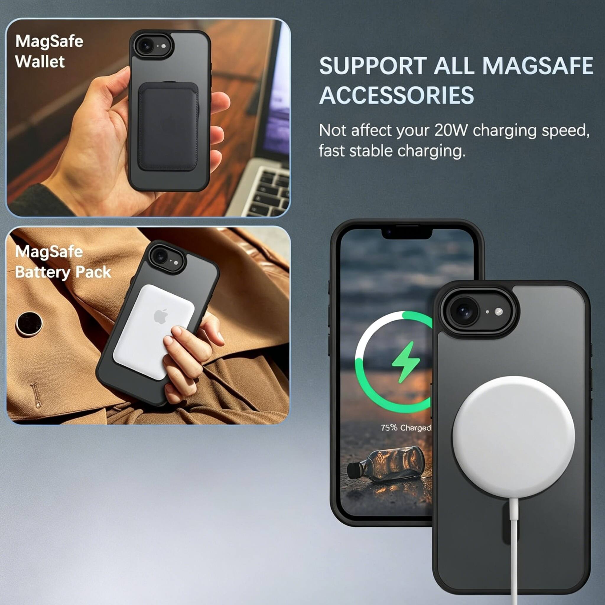 MagSafe Wallet SUPPORT ALL MAGSAFE ACCESSORIES Not affect your 20W charging speed, fast stable charging. MagSafe Battery Pack 75% Charged