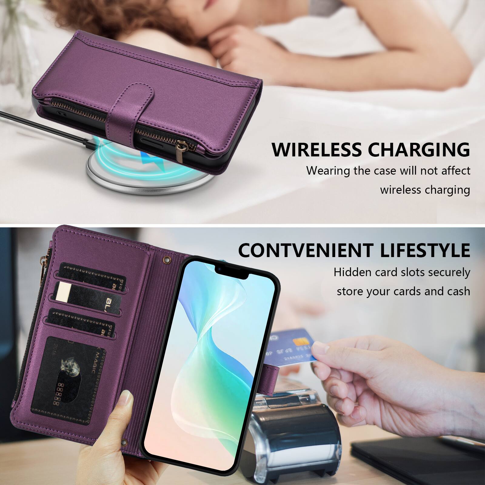 WIRELESS CHARGING  
Wearing the case will not affect wireless charging

2016 88888  
BL al MAGIC

CONVENIENT LIFESTYLE  
Hidden card slots securely store your cards and cash