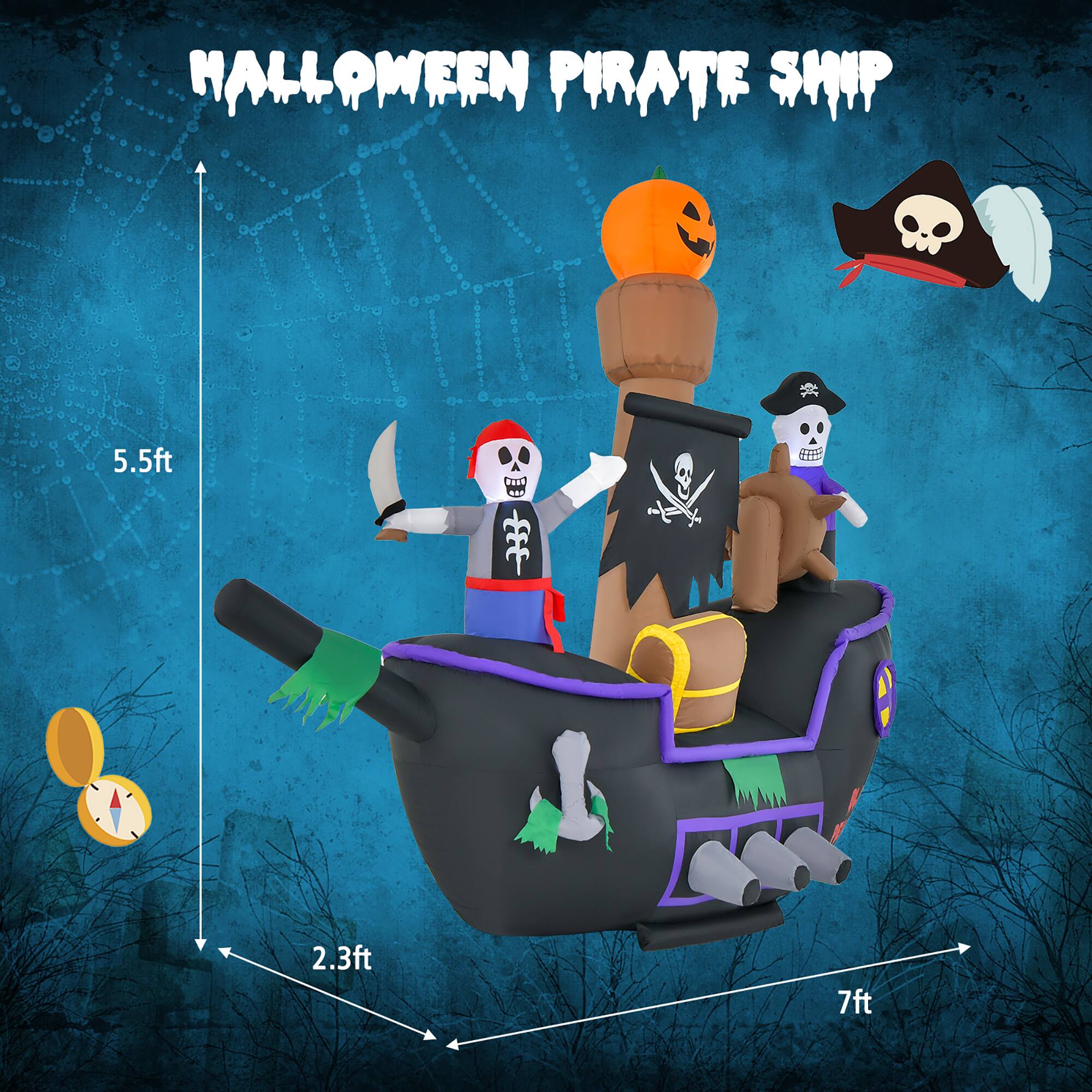 Halloween Pirate Ship: 5.5 ft to 2.3 ft.