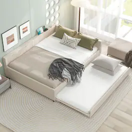 LUCKY ONE - Queen Size Upholstered Platform Bed with USB and Twin Size Trundle - Beige