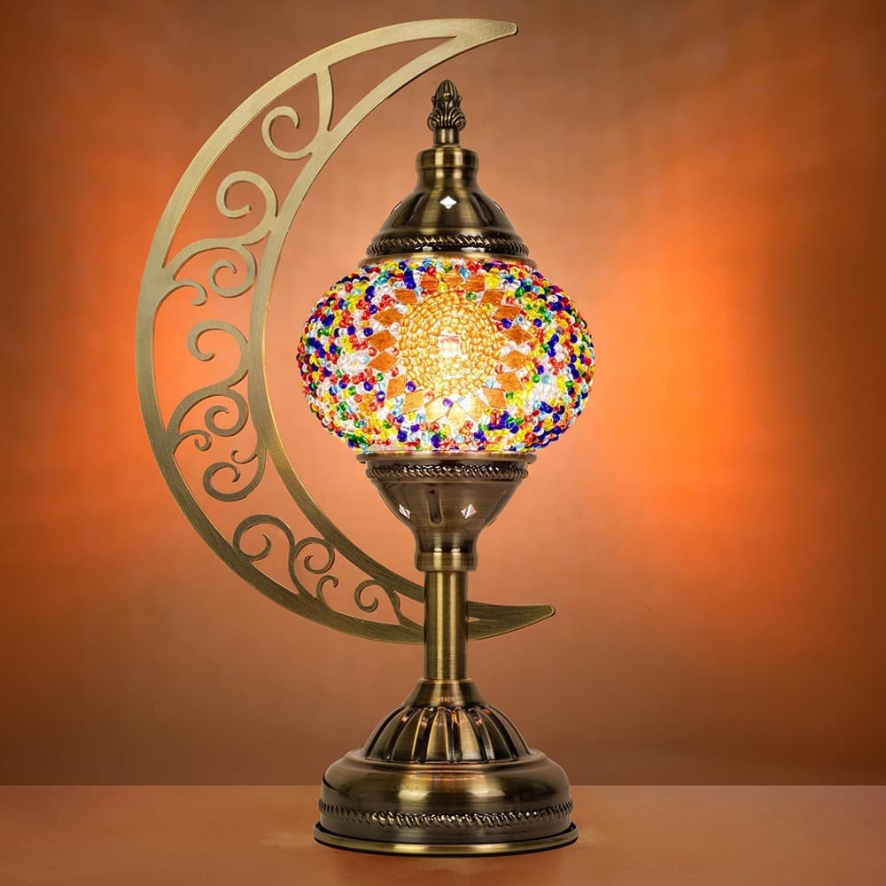 MOSZAR LLC - Turkish Mosaic Lamp, Moon Shaped, Moroccan Glass, Bronze Base, Night Light