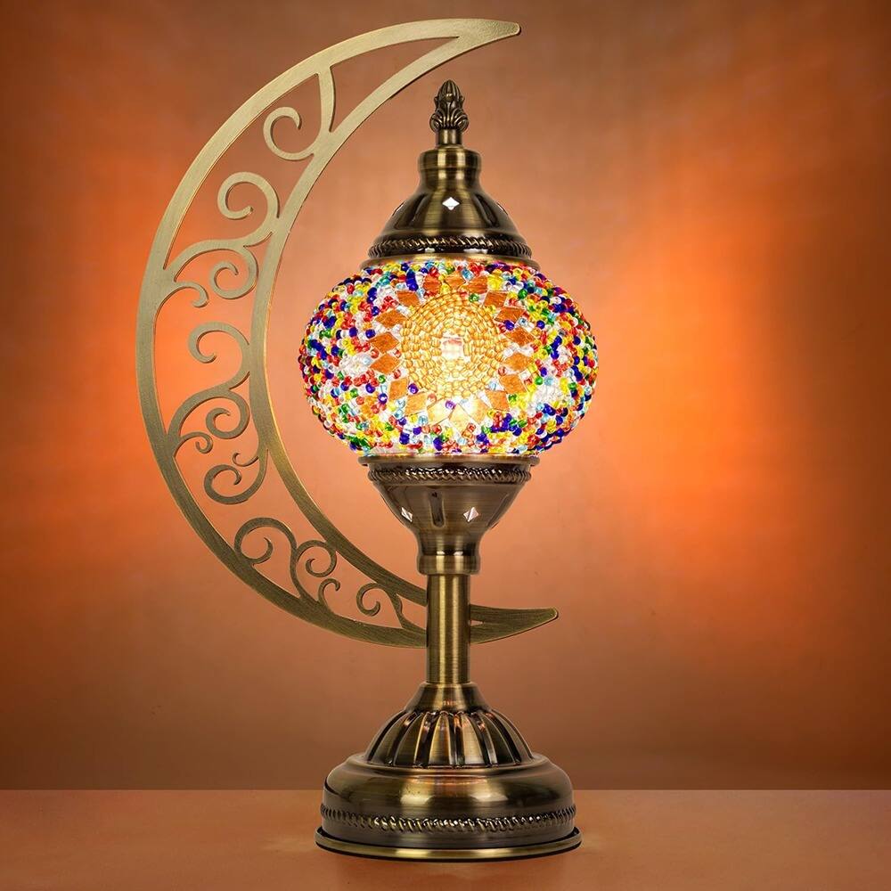 Front. MOSZAR LLC - Turkish Mosaic Lamp, Moon Shaped, Moroccan Glass, Bronze Base, Night Light.