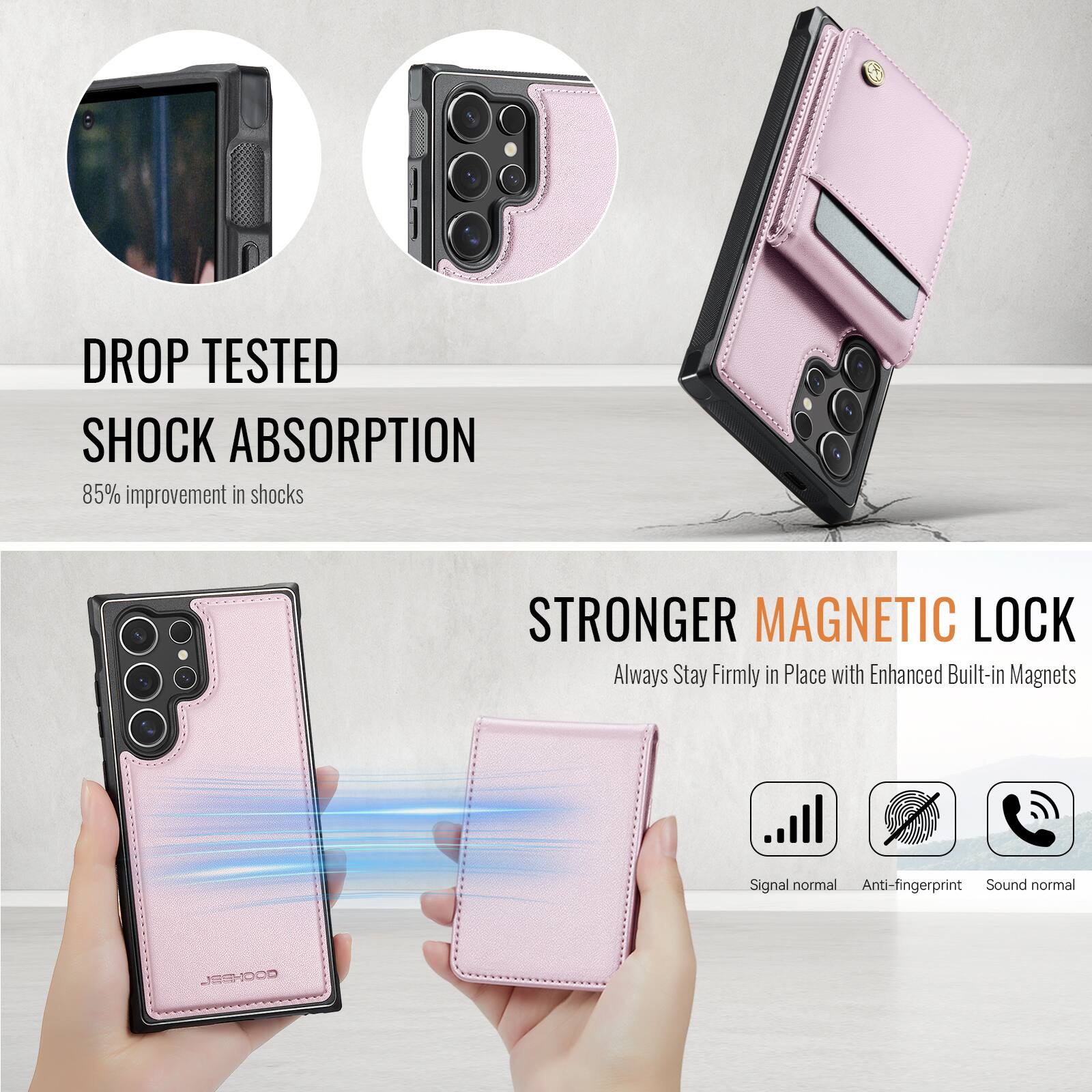 DROP TESTED  
SHOCK ABSORPTION  
85% improvement in shocks  

STRONGER MAGNETIC LOCK  
Always Stay Firmly in Place with Enhanced Built-in Magnets  

Signal normal  
Anti-fingerprint  
Sound normal  

JRSHOOD