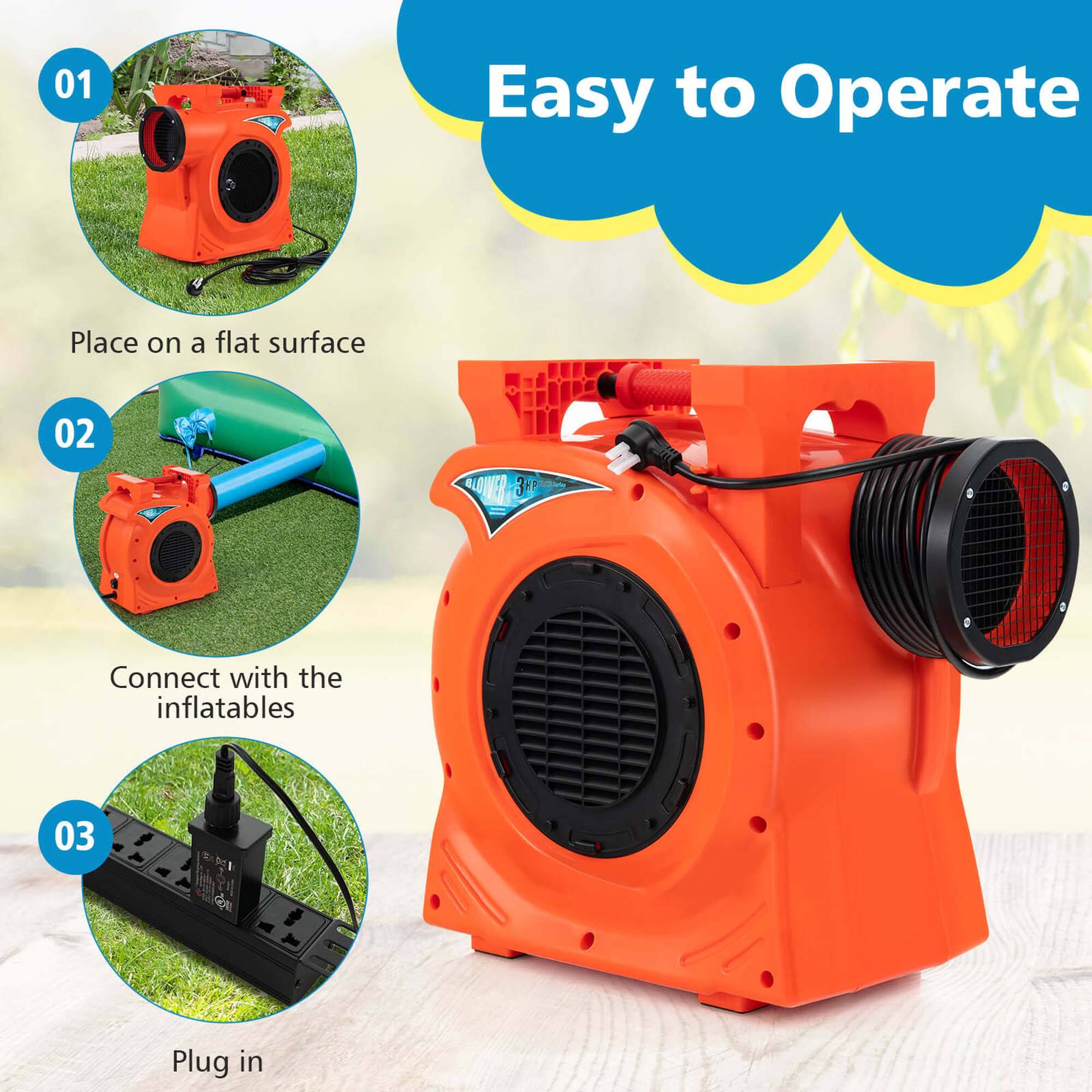 01 Easy to Operate  
Place on a flat surface  
02 Connect with the inflatables  
03 Plug in