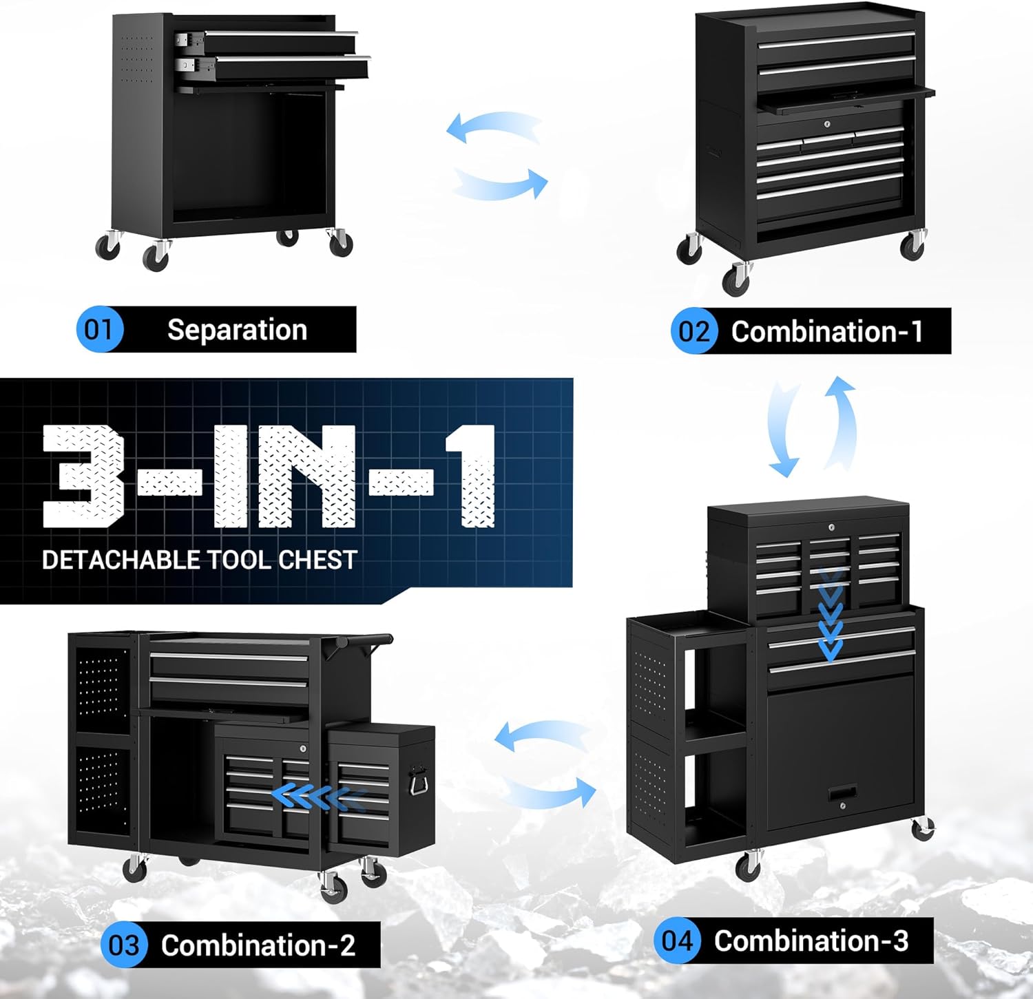 01 Separation  
02 Combination-1  
03 Combination-2  
04 Combination-3  

3-IN-1 DETACHABLE TOOL CHEST